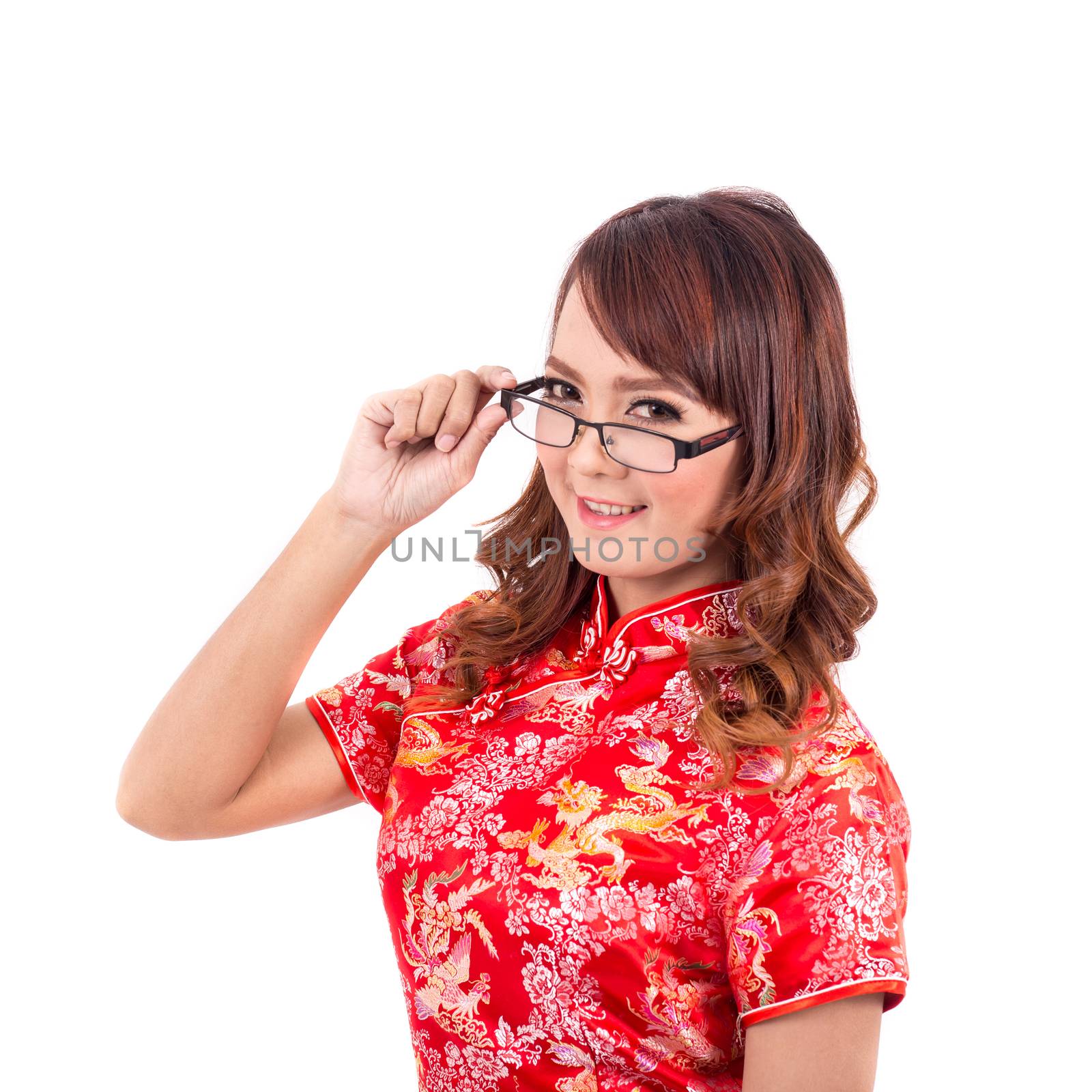 Asian Chinese girl wear or handle glasses in Traditional Chinese , chinese new year, enjoy, happy