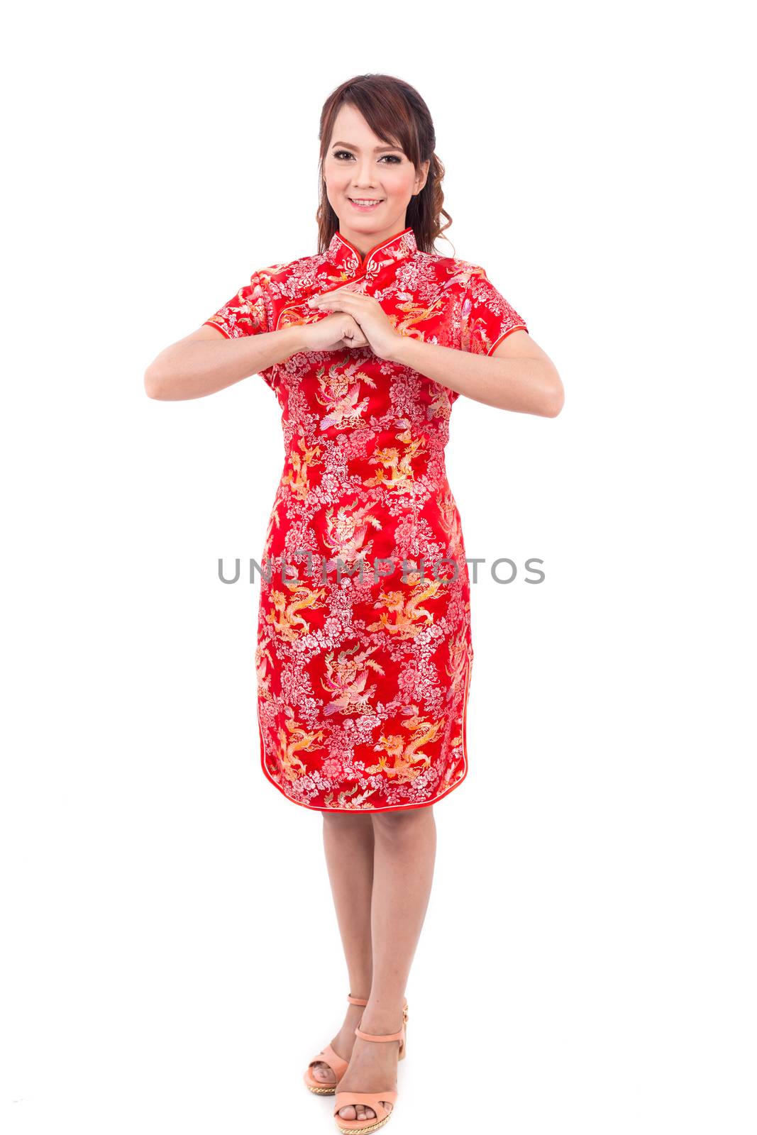 Asian Chinese girl greeting in Traditional Chinese , chinese new year