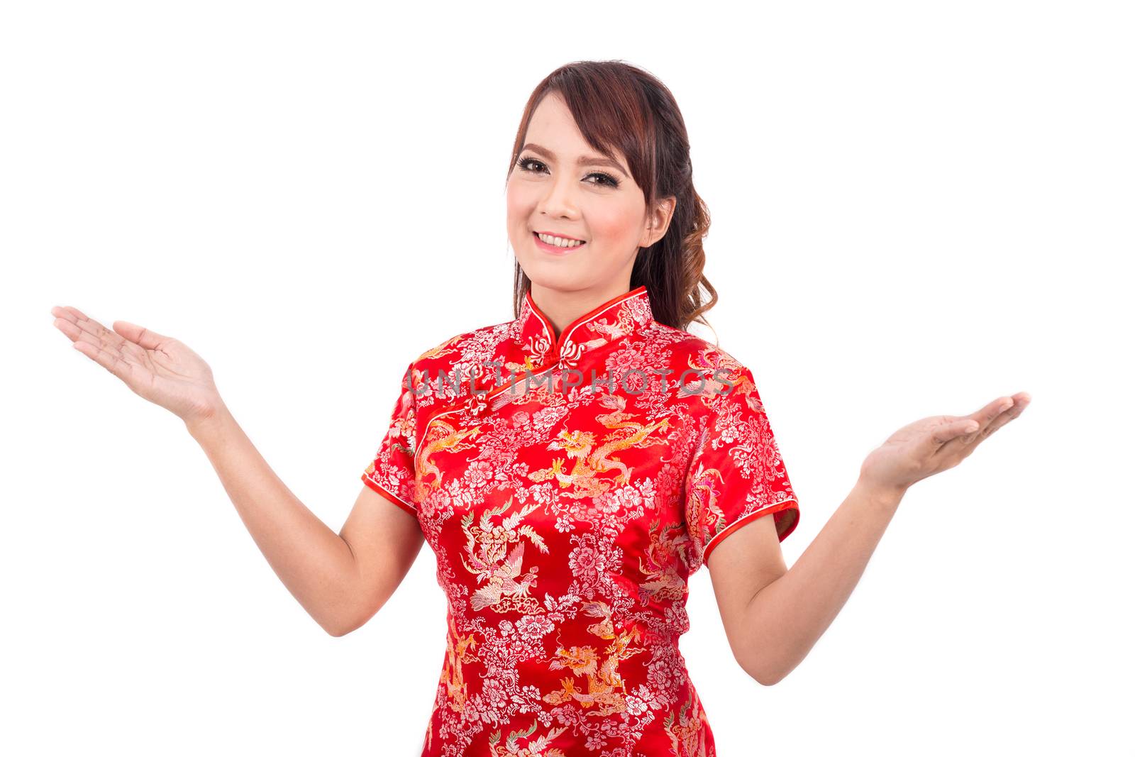 Asian Chinese girl greeting in Traditional Chinese , chinese new year