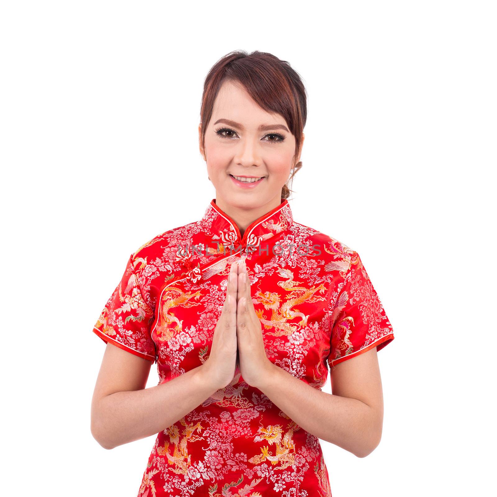Asian Chinese girl greeting in Traditional Chinese, Welcome, Gue by powerbeephoto