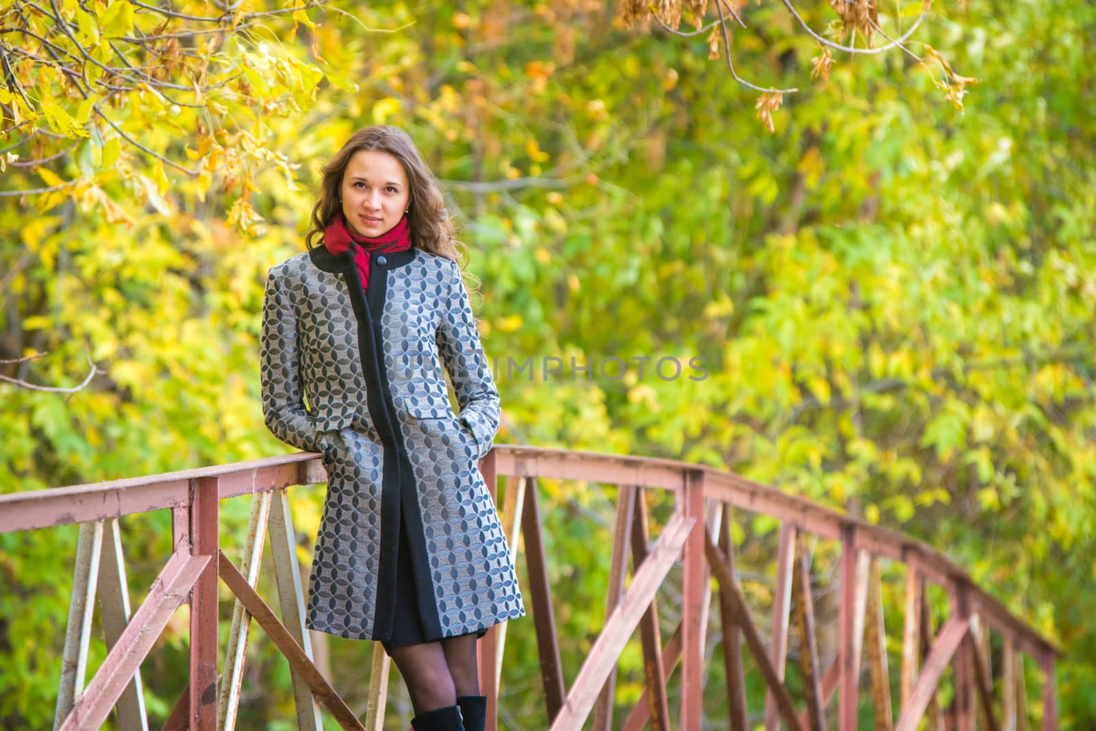 Cute young girl leaned on the railing of the bridge against the backdrop of autumn leaves yellow by Madhourse