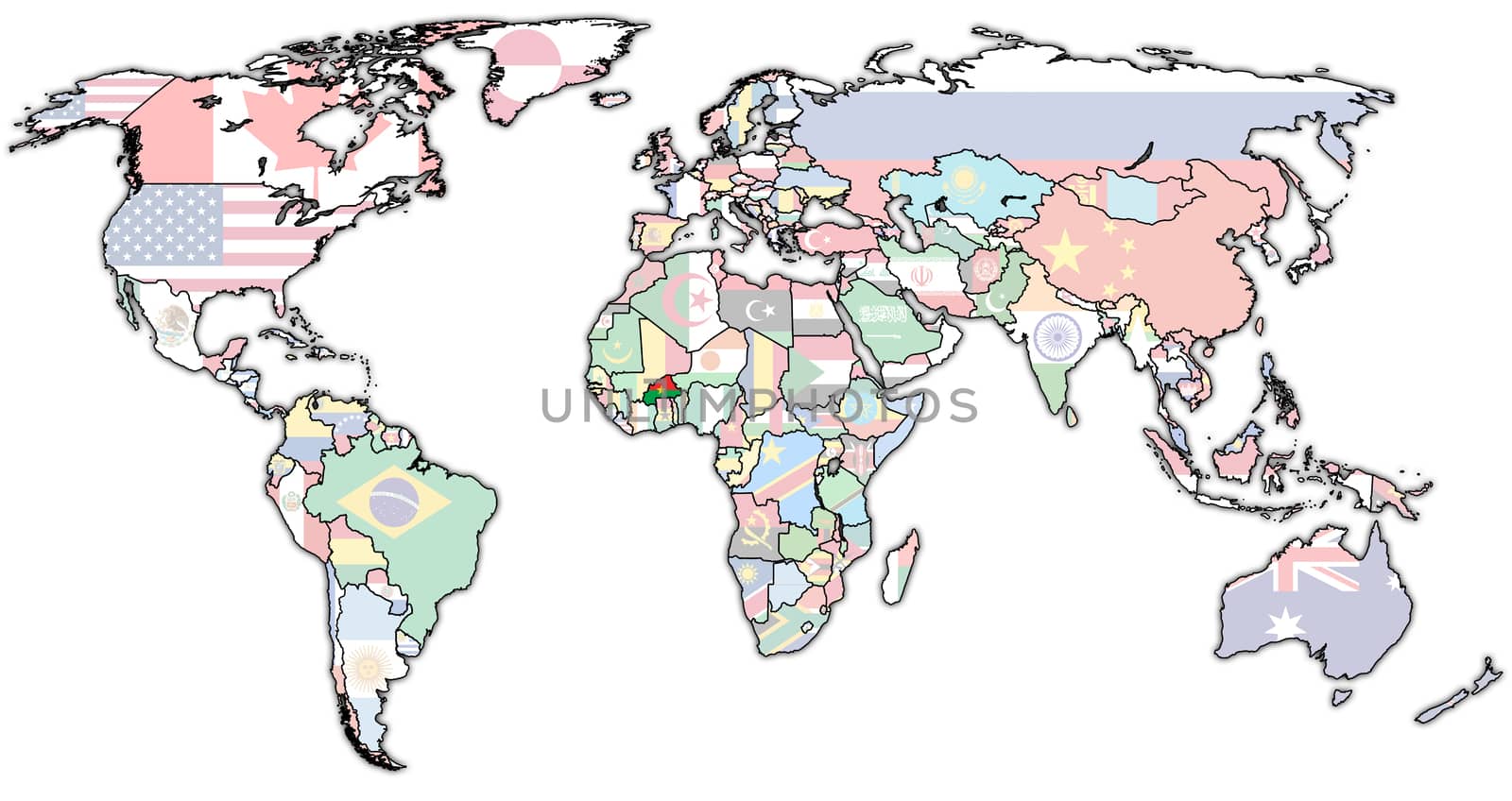 burkina faso flag on old vintage world map with national borders