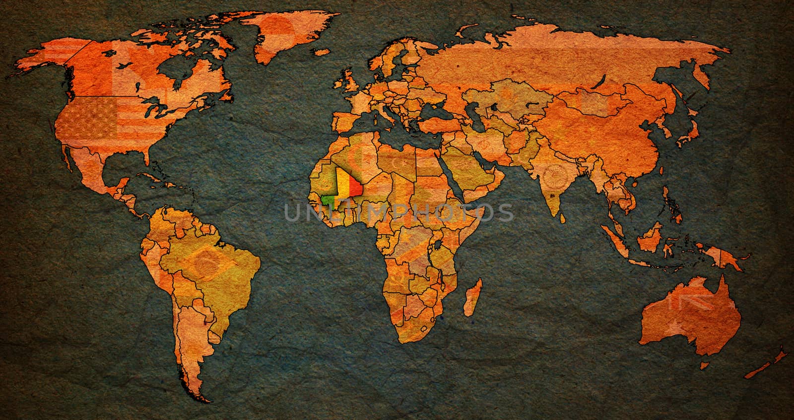mali flag on old vintage world map with national borders