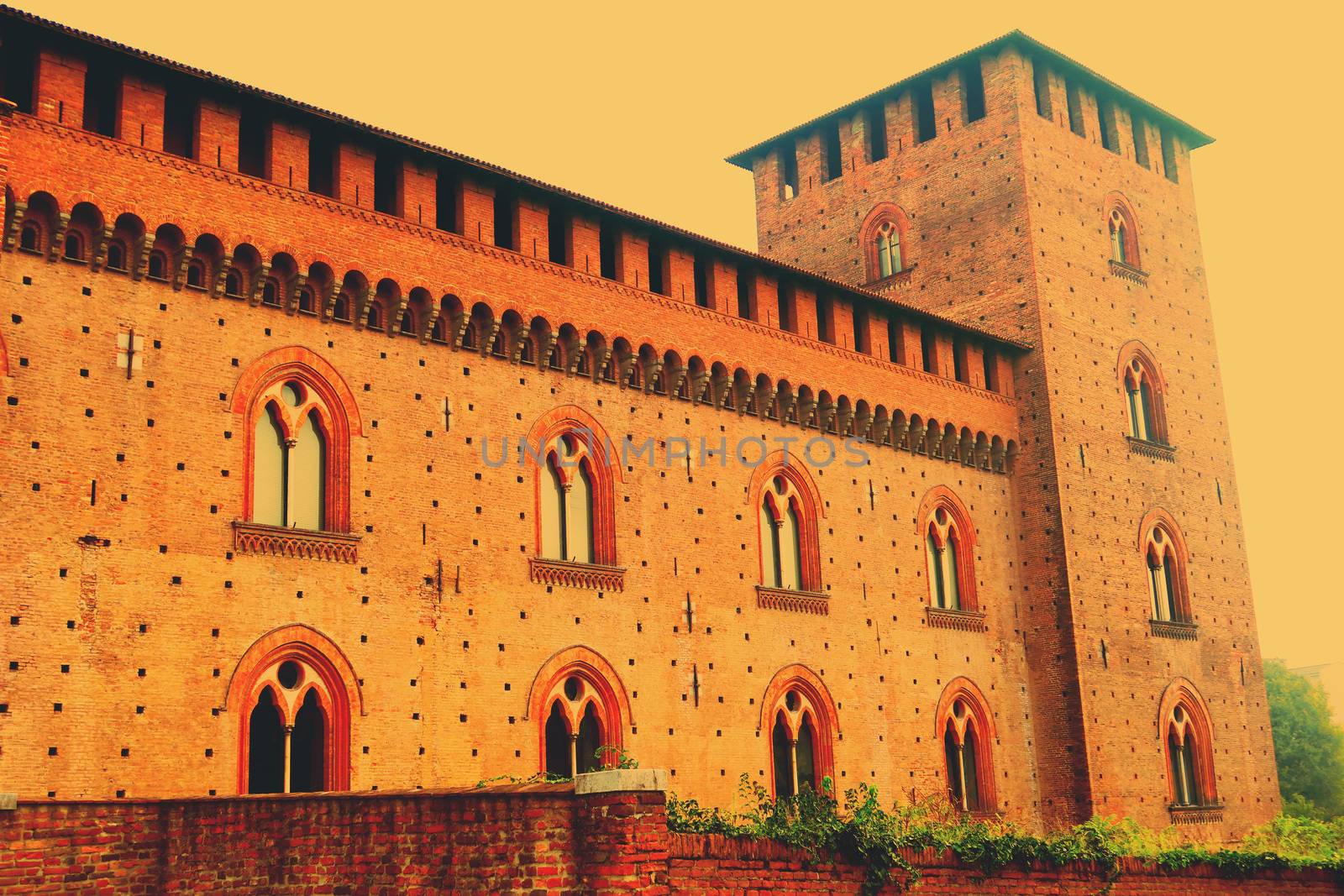 Pavia,Italy,25 october 2015.The Castello Visconteo or Visconti Castle is a castle in Pavia, Lombardy. It was built in 1360 by Galeazzo II Visconti,ruler of Milan,credited architect is Bartolino da Novara. The castle used to be the main residence of the Visconti family, while the political capital of the state was Milan.To the north of the castle there is a large park used by the Visconti for hunting.