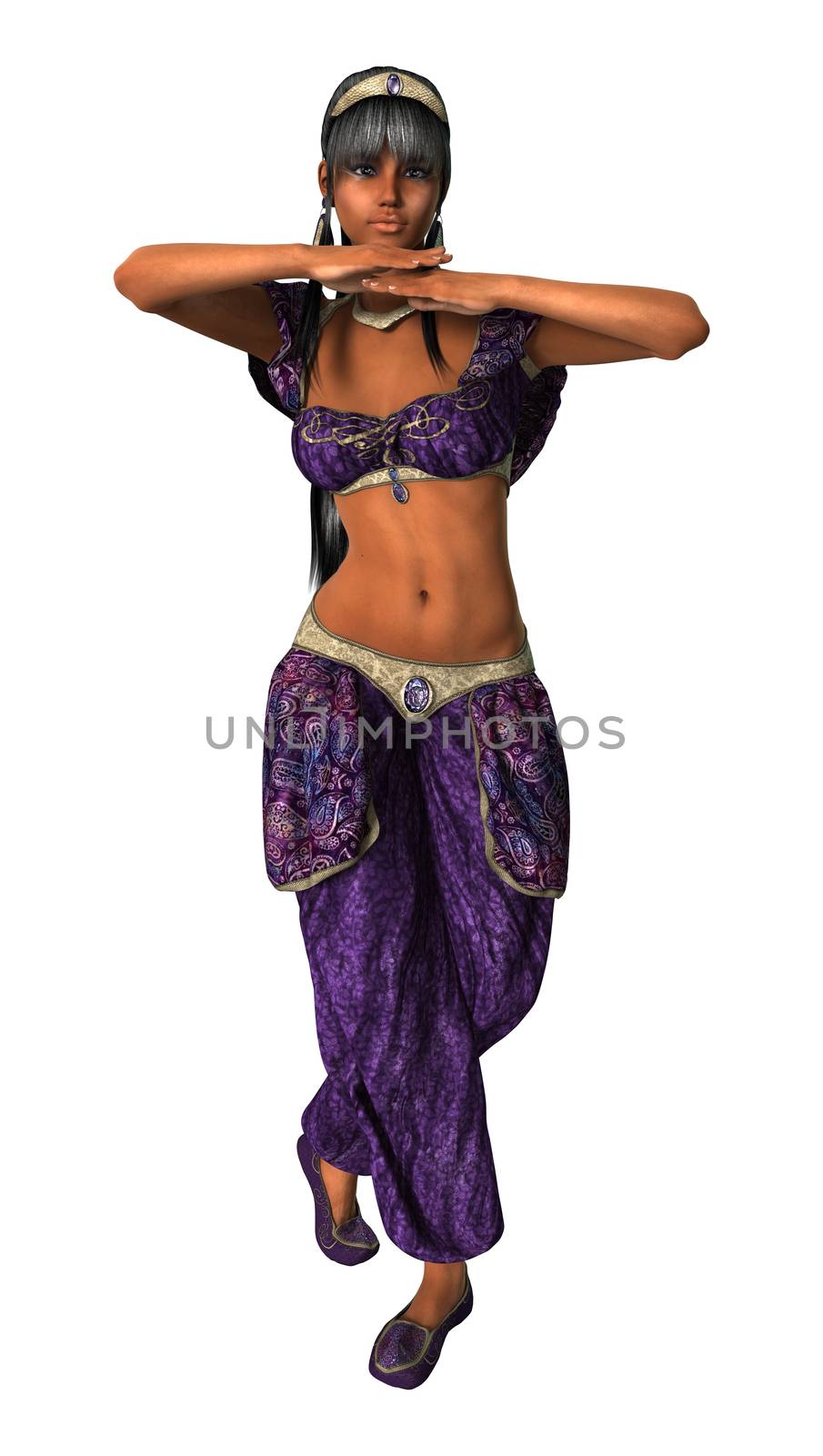3D digital render of a beautiful belly dancer isolated on white background