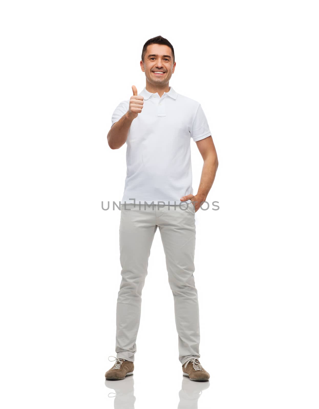 happiness, gesture and people concept - smiling man showing thumbs up