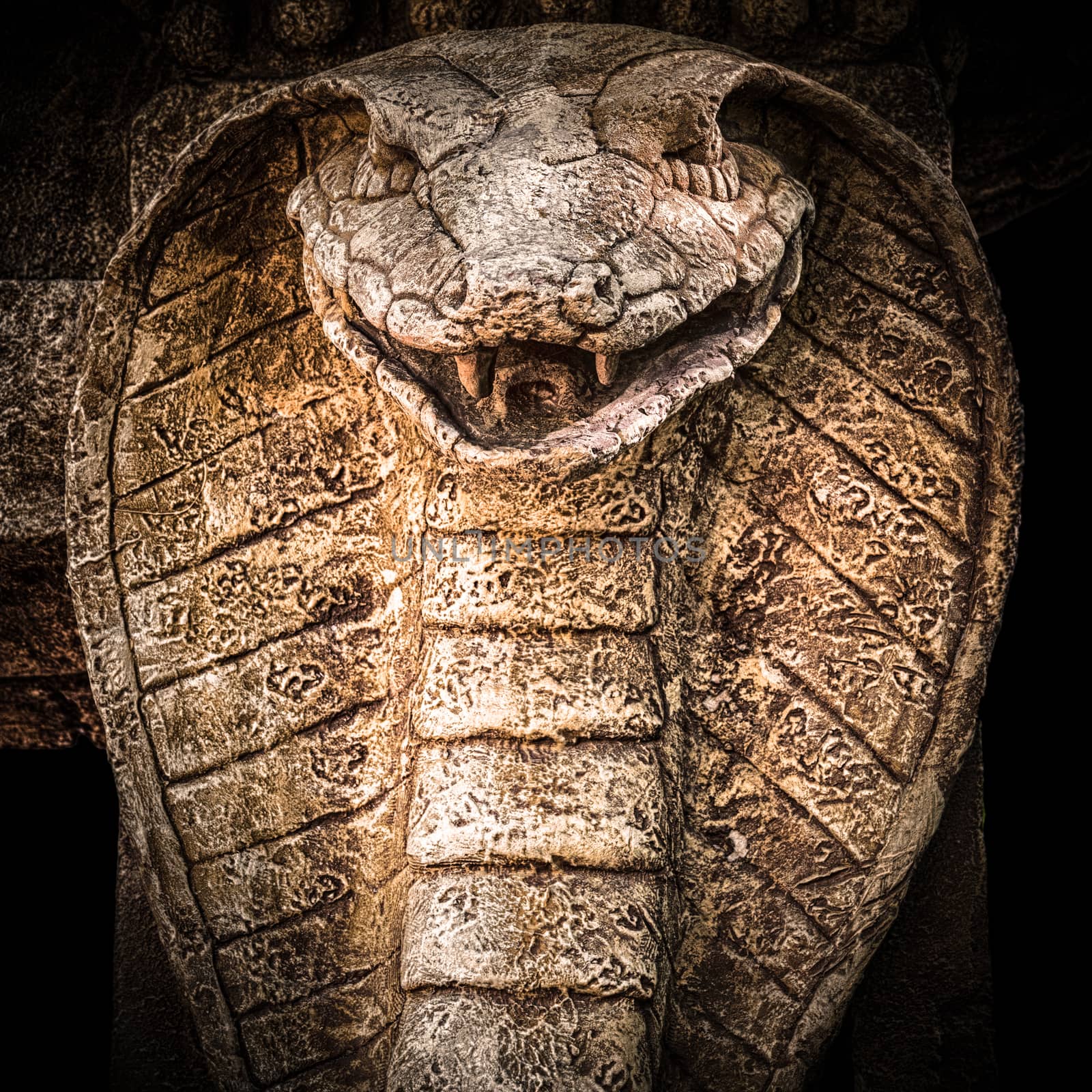 Sculpture of a cobra snake carved into the rock.