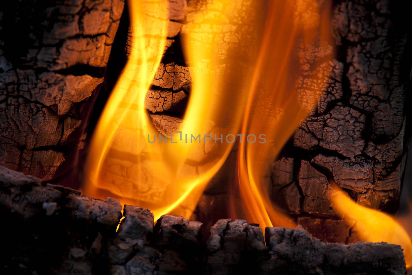 Bright flames of a fire in the wood burning coals and ashes.
