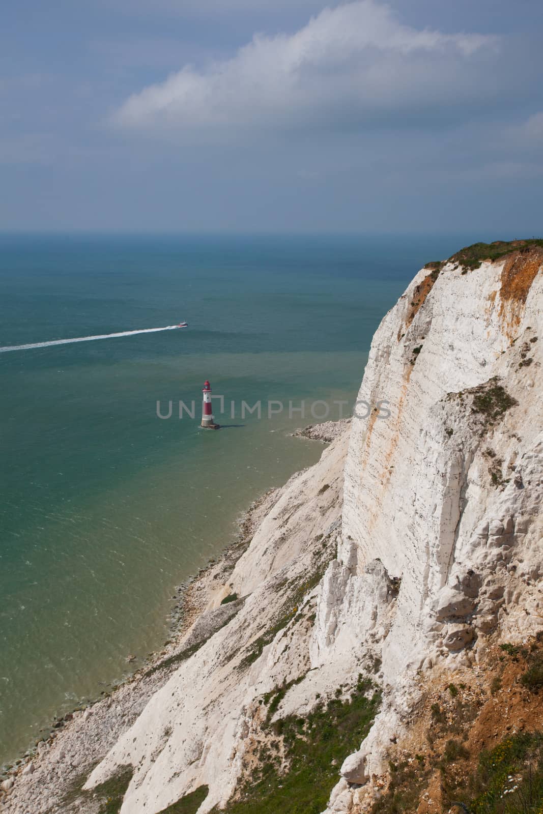 White chalk cliffs and aerial view Lighthouse Beachy Head, Eastbourne, East Sussex, England