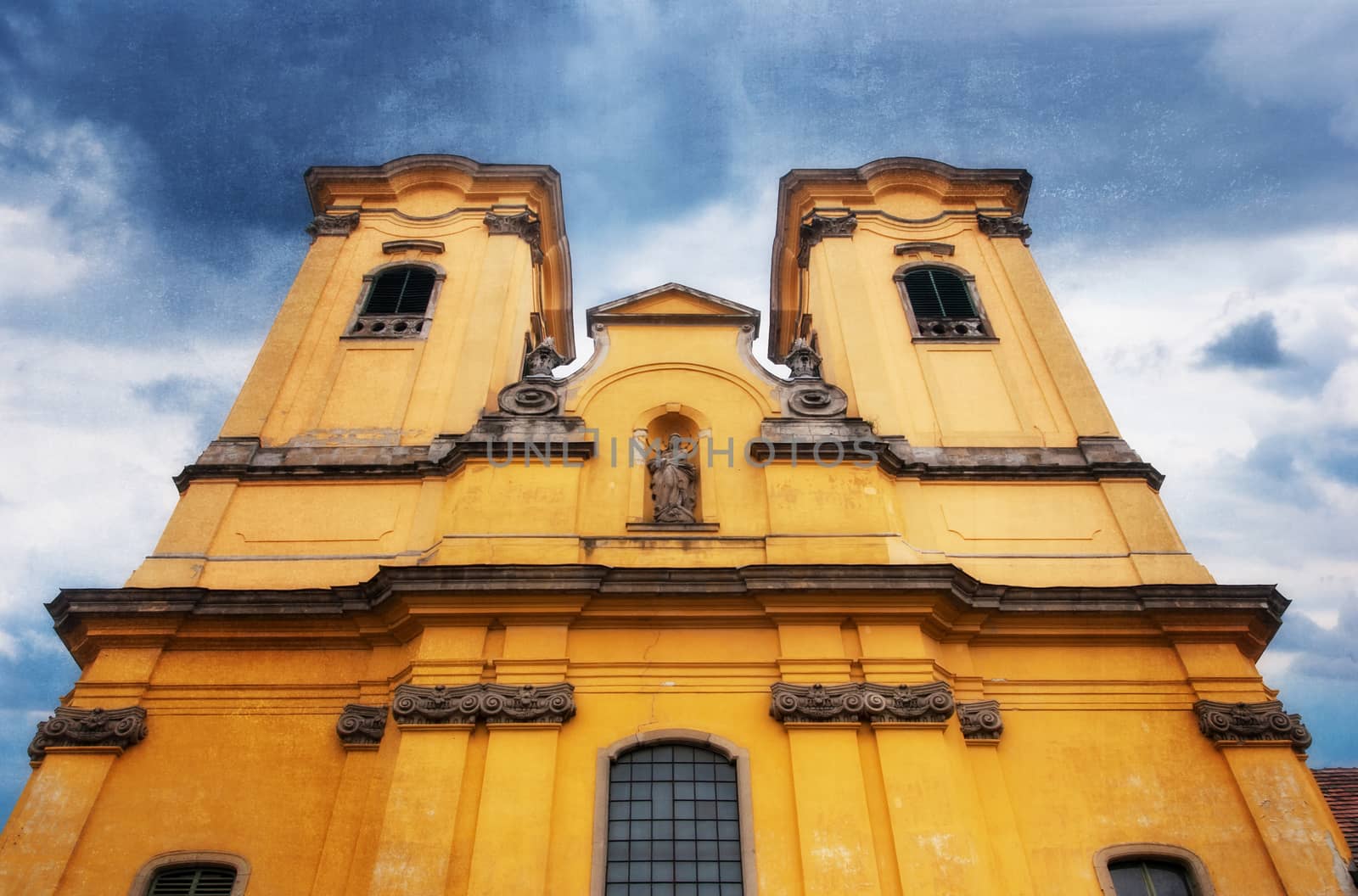 The minorite church of Eger, Hungary. Photo in old color image style.