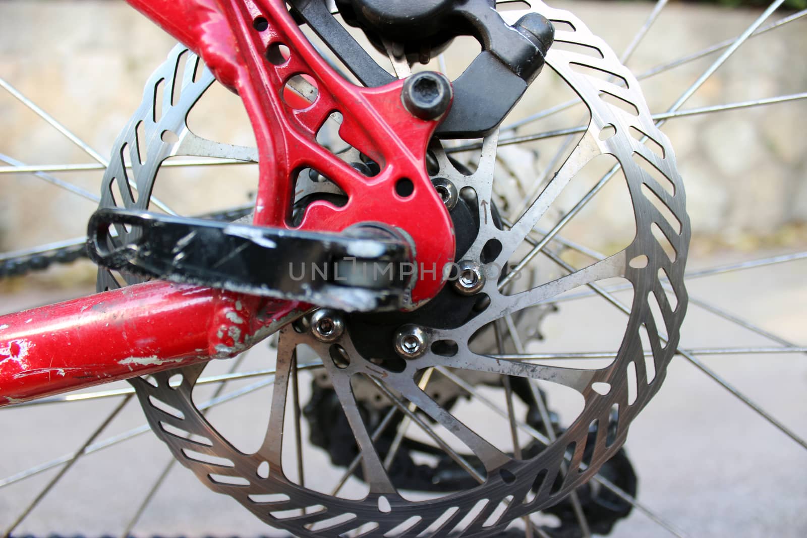 Mountain Bike. Red Bicycle Rear Disc Brake