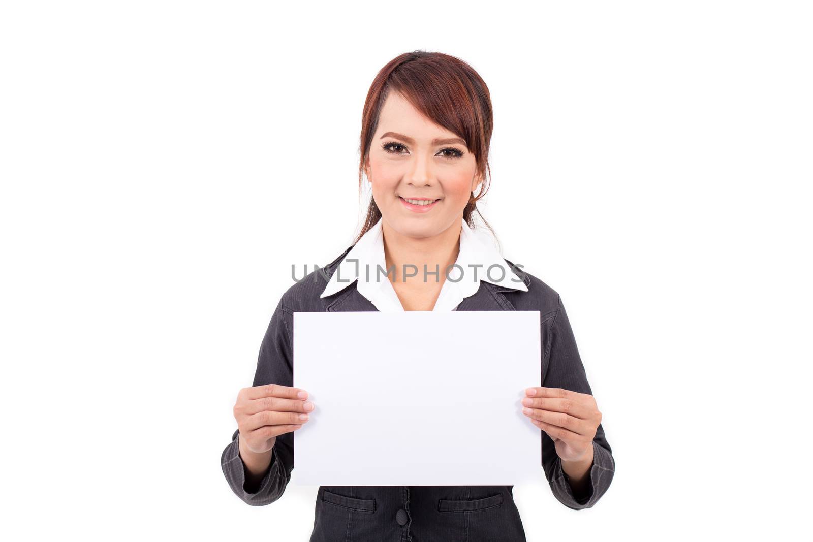 Happy smiling young business woman holding blank signboard, over white background