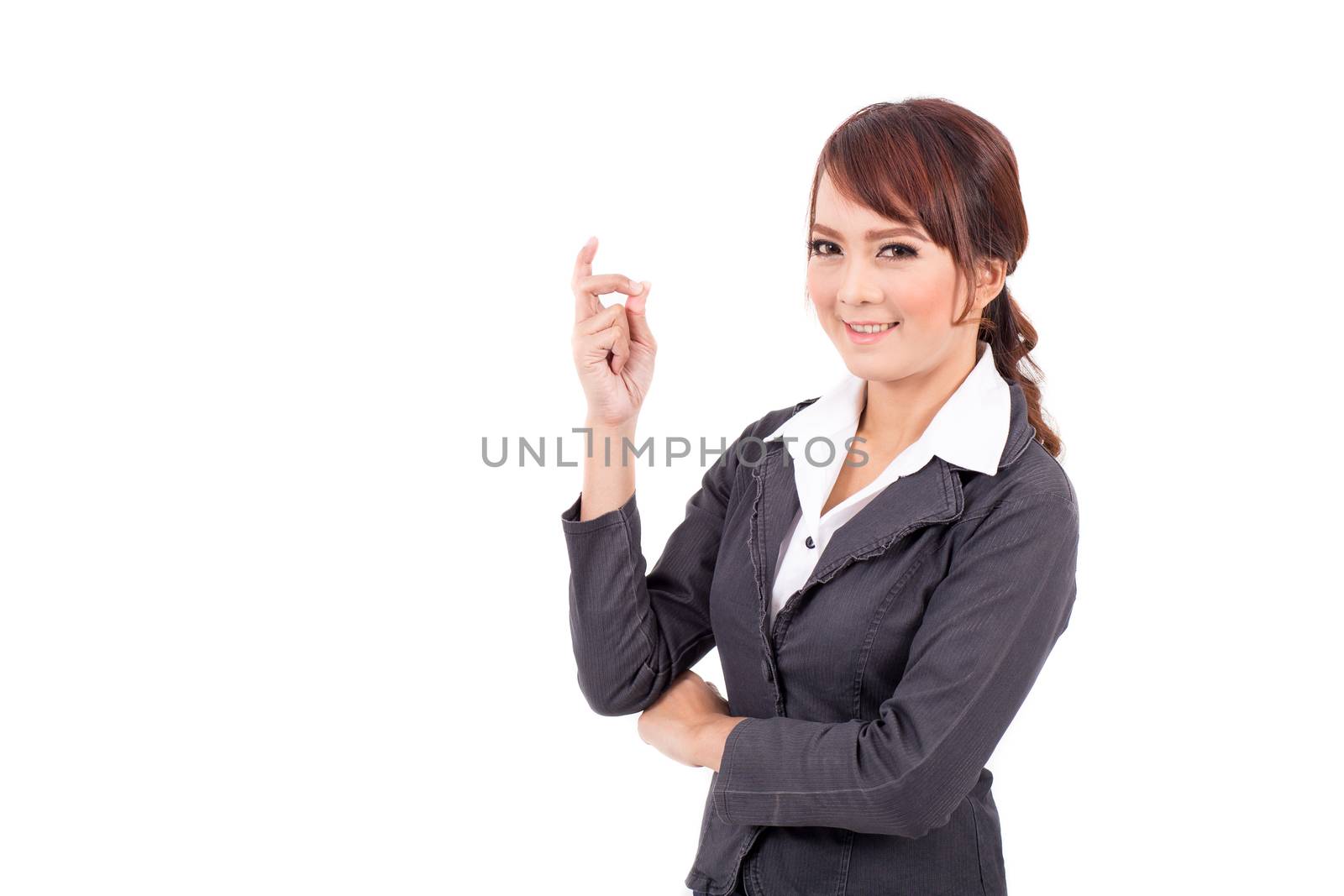Portrait of a young attractive confident business woman, success, yes, ok, bingo