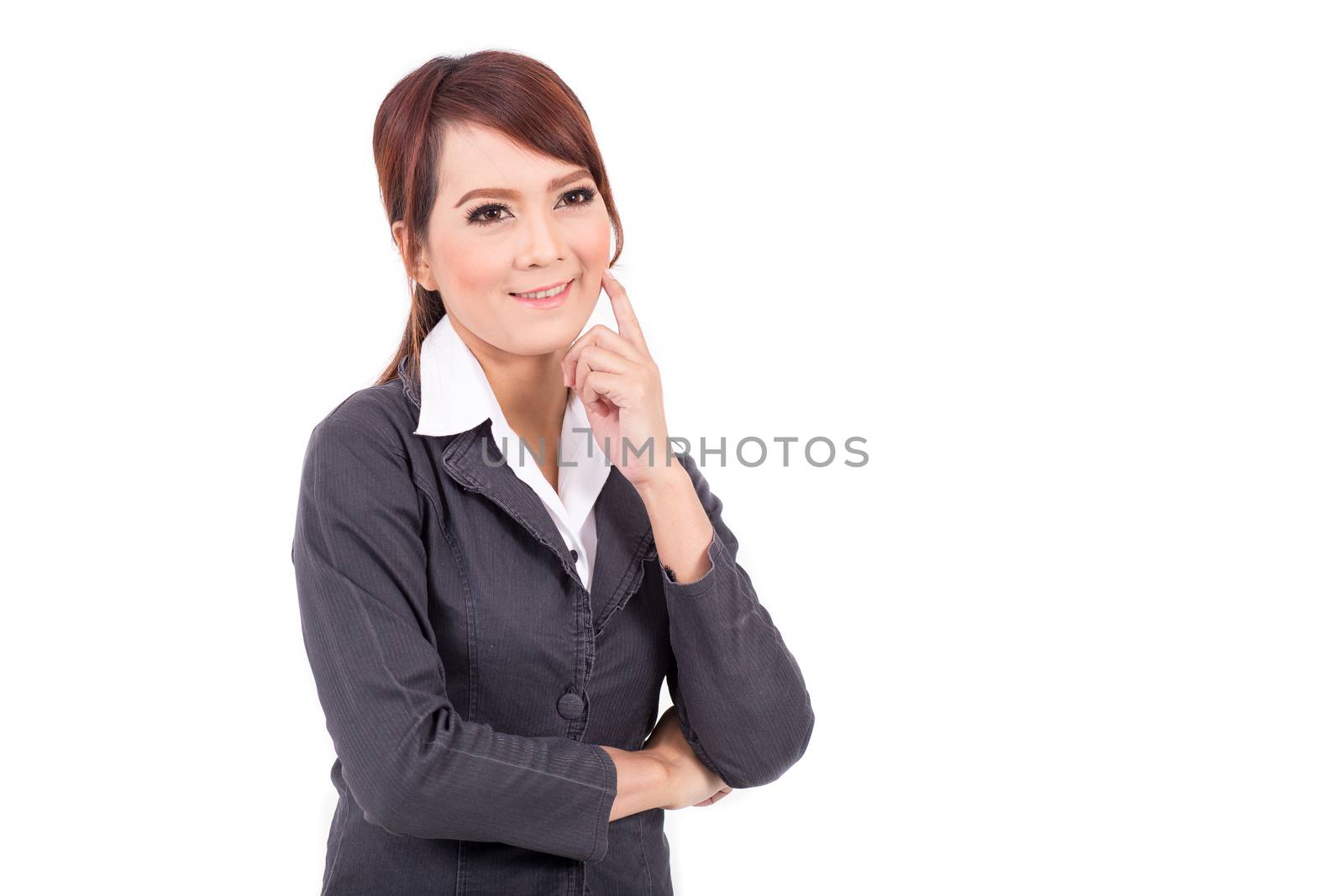 Beautiful thinking business woman isolated white background