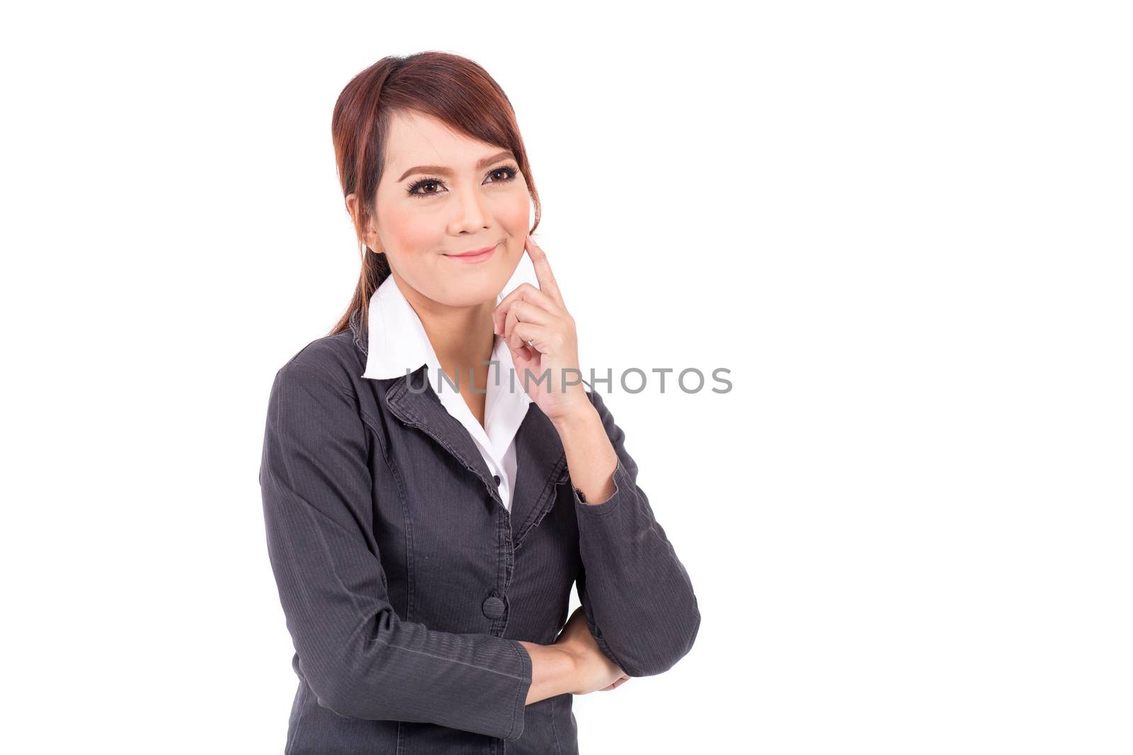 Beautiful thinking business woman isolated white background