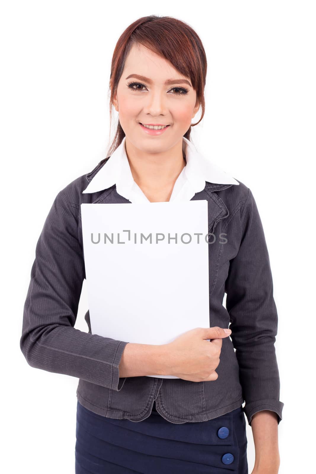 Happy smiling young business woman holding blank signboard, over white background by powerbeephoto