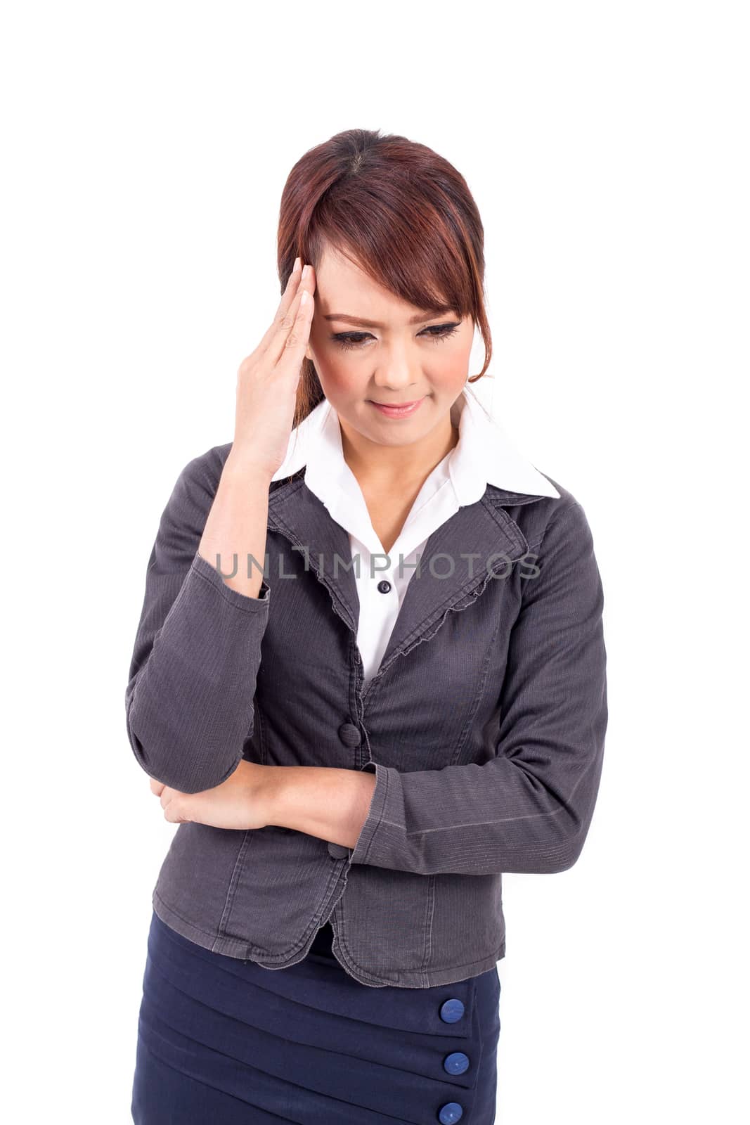 Closeup portrait unhappy business woman, headache isolated on white background