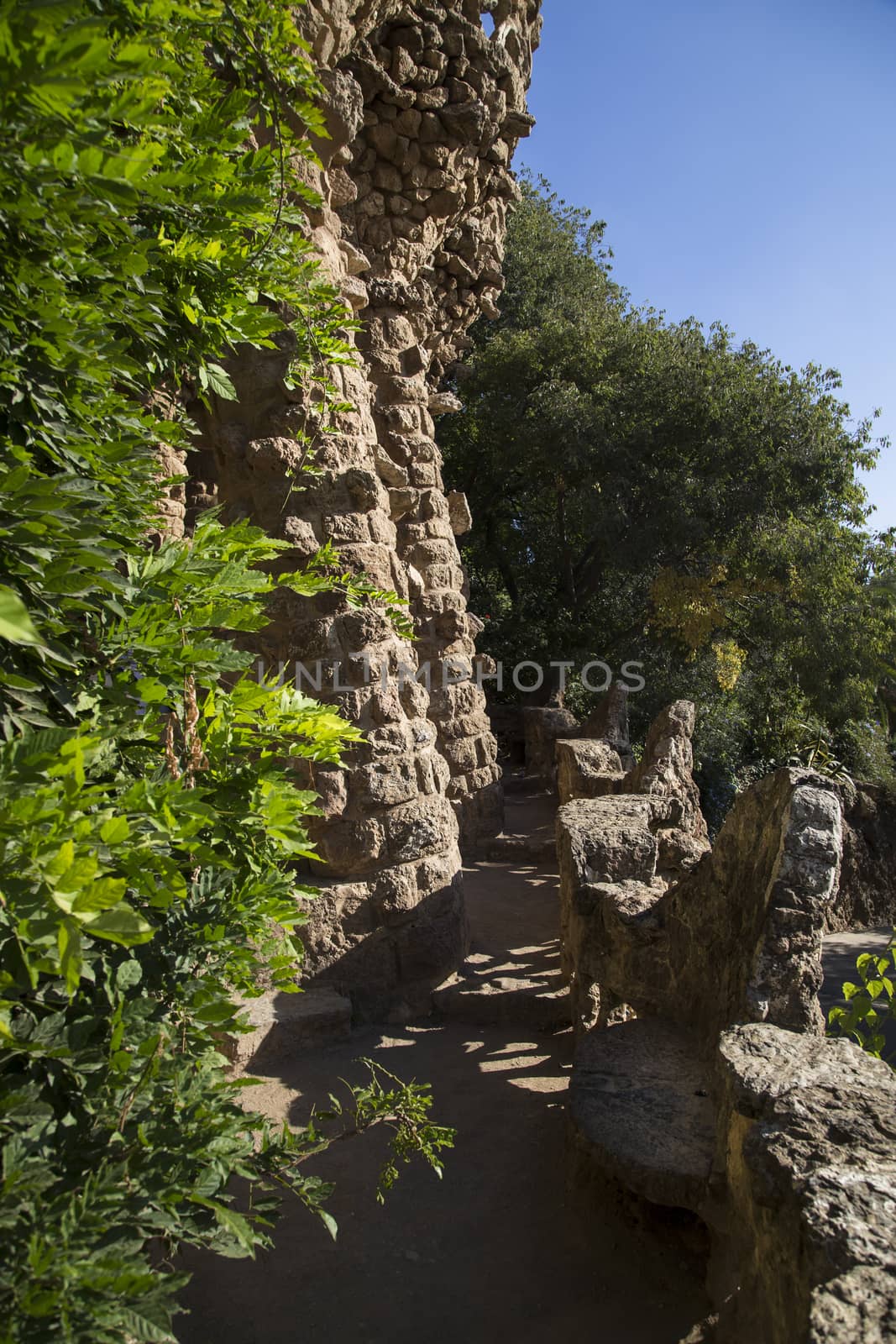 Stone Viaducts carrying snaking paths, Park Guell, Barcelona, Spain