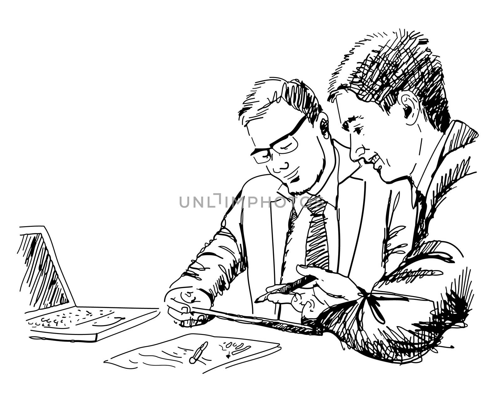 hand drawn vector of two young businessmen using touchpad at meeting