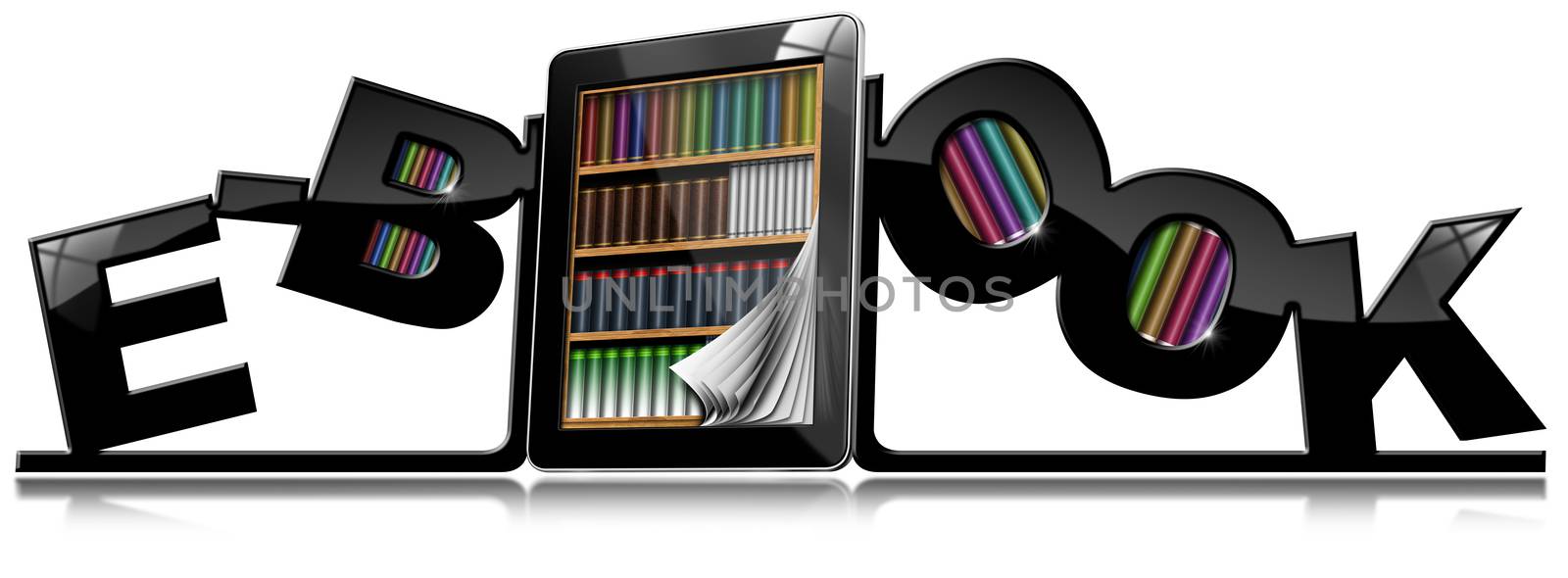 Tablet computer with library, between two bookends in the shape of text E-Book. Isolated on white background with reflections