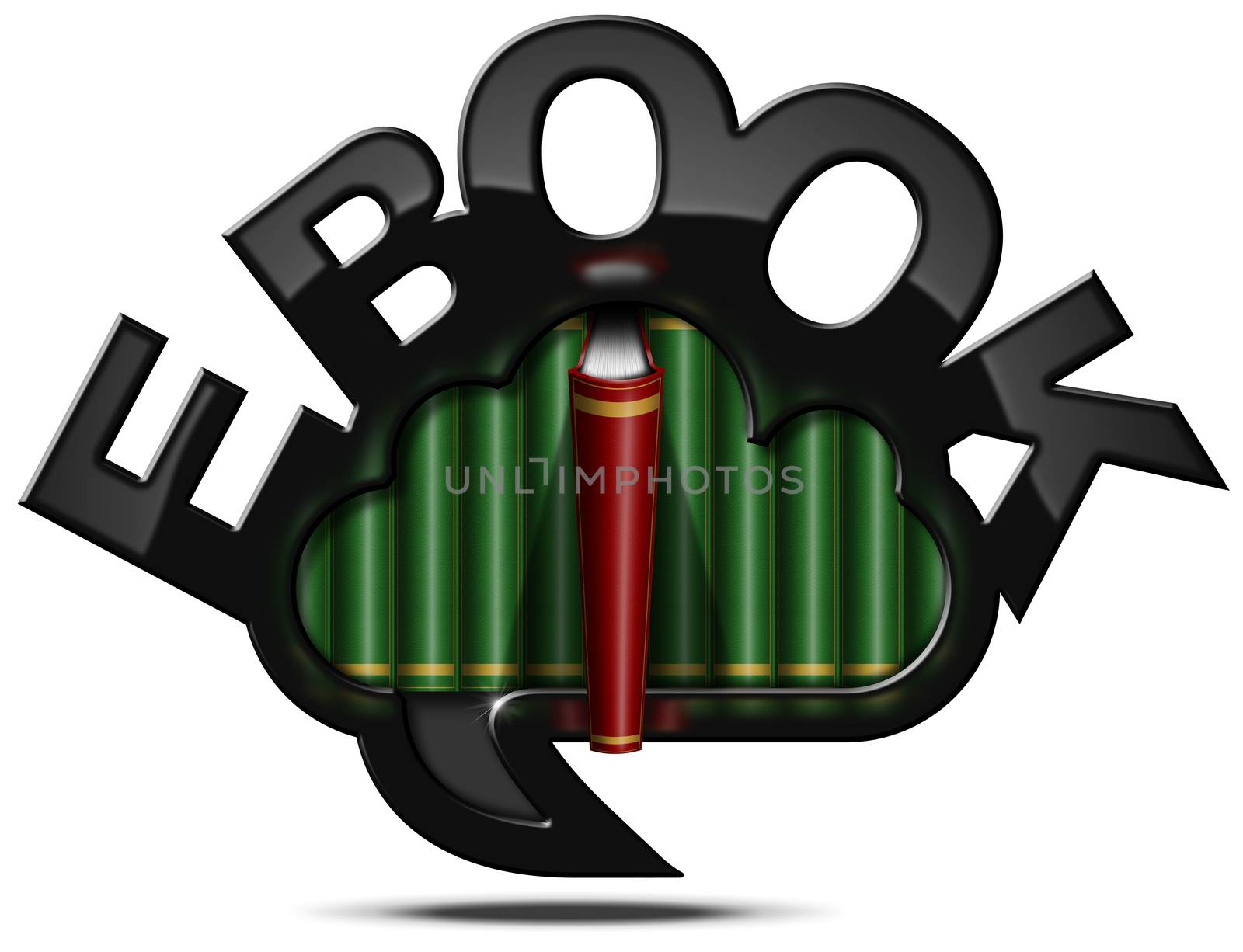 Speech bubble in the shape of a cloud with green and red books with text E-book. Modern library concept