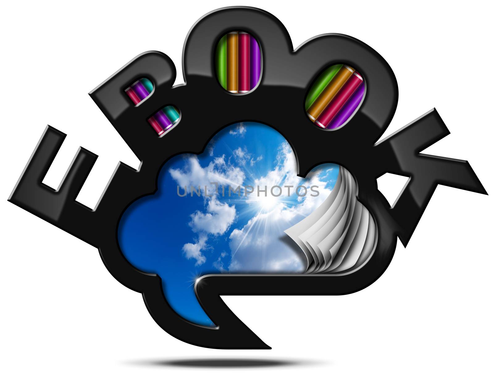 Speech bubble in the shape of a cloud with sky and clouds, curled pages and text E-book in the shape of modern library