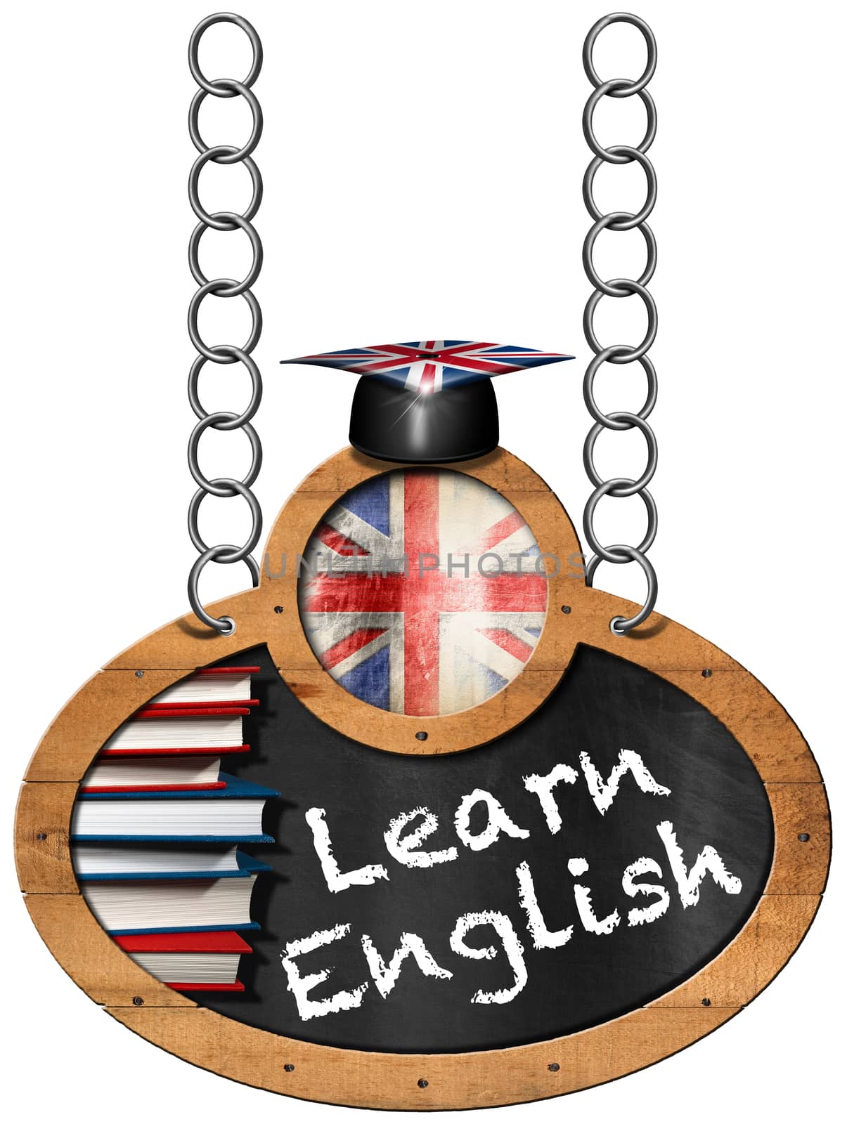 Blackboard with wooden frame, uk flag, a stack of books, graduation hat and text Learn English. Hanging from a metal chain and isolated on white