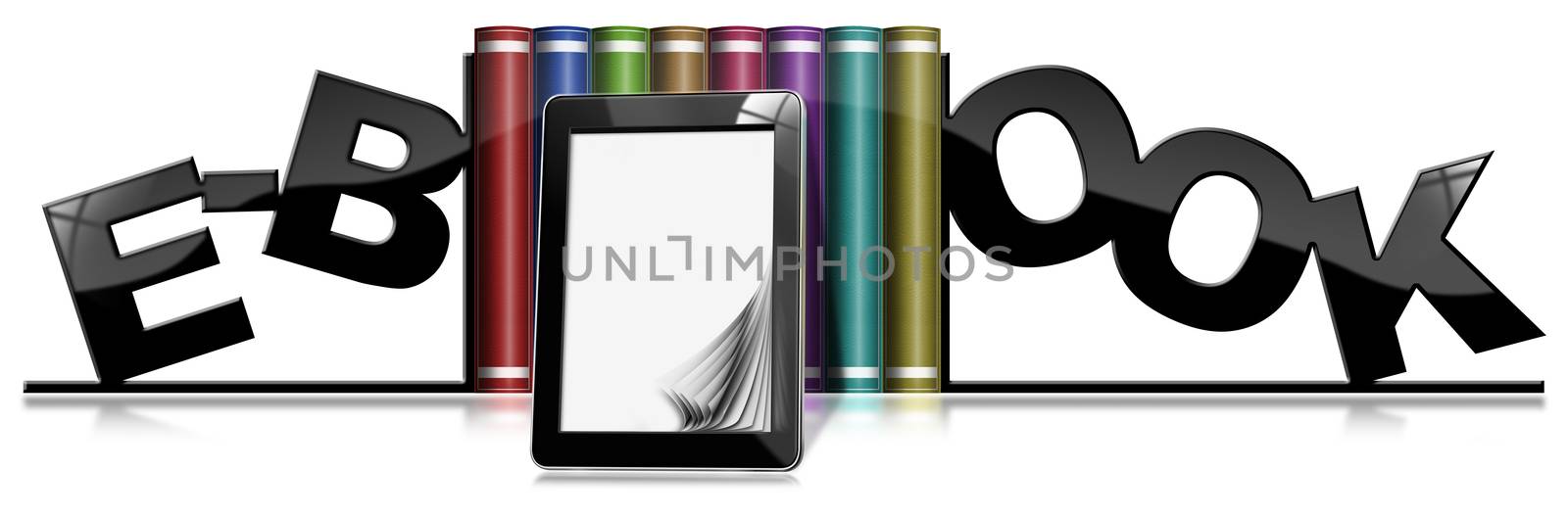 Colored books with tablet pc and bookends in the shape of text E-Book. Isolated on white background with reflections