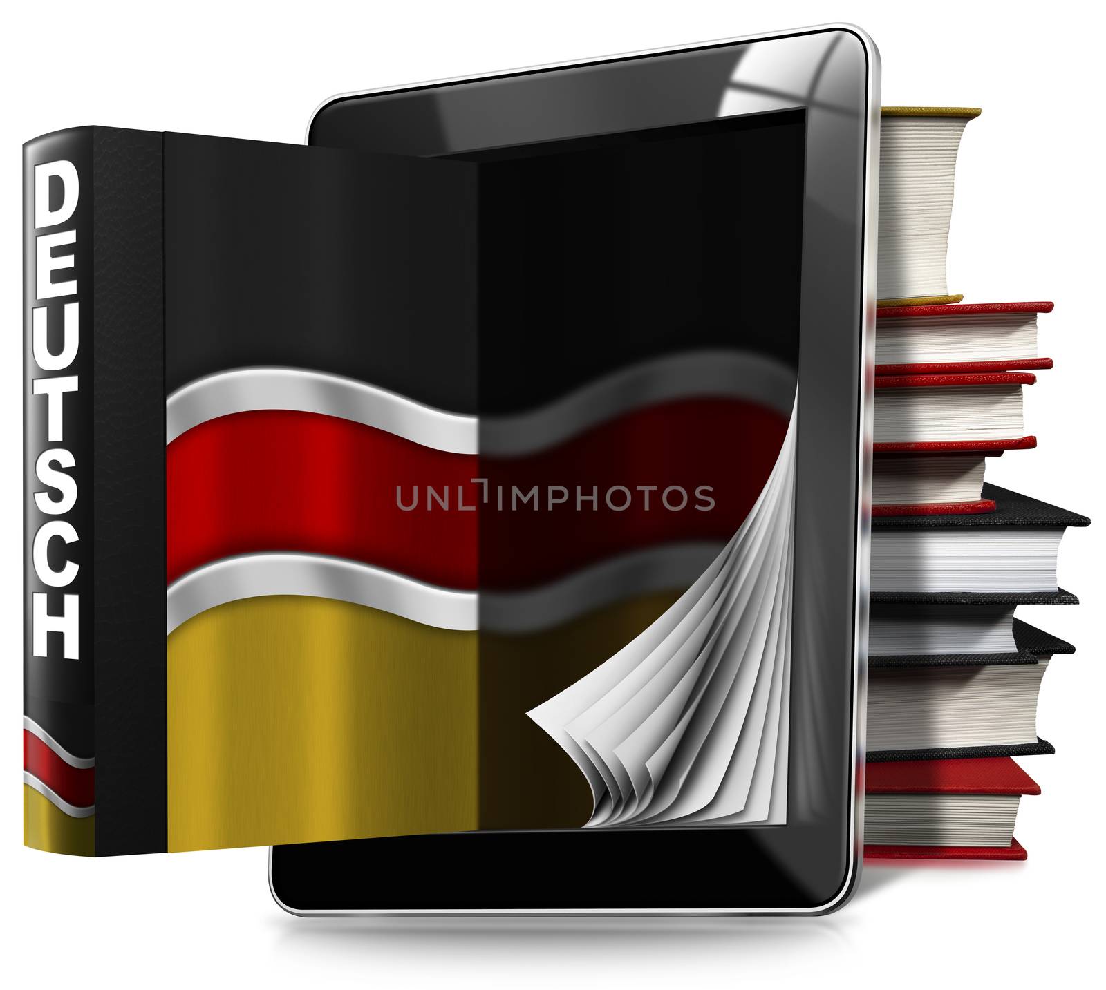 Black tablet computer with pages and an German book, a stack of books and German flag. Isolated on white background