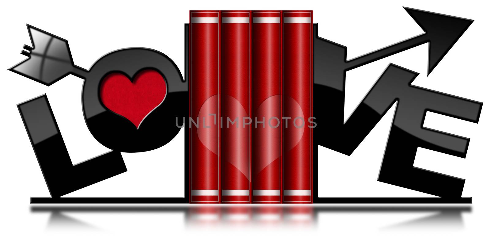 Four red love books with heart and bookends in the shape of arrow and text Love. Isolated on white background