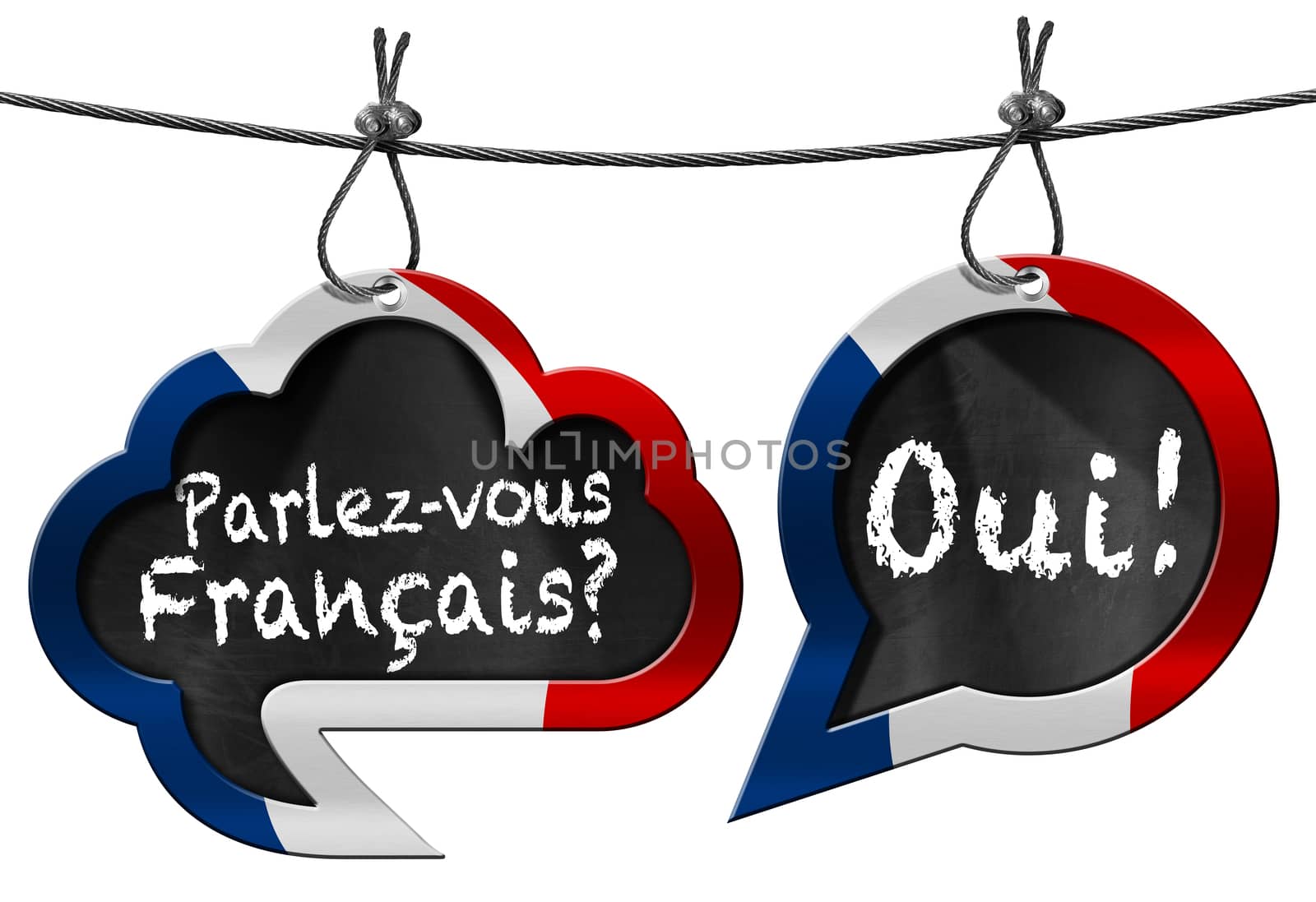 Two speech bubbles with French flag and text Parlez-vous Francais? Oui! (Do you speak French?)