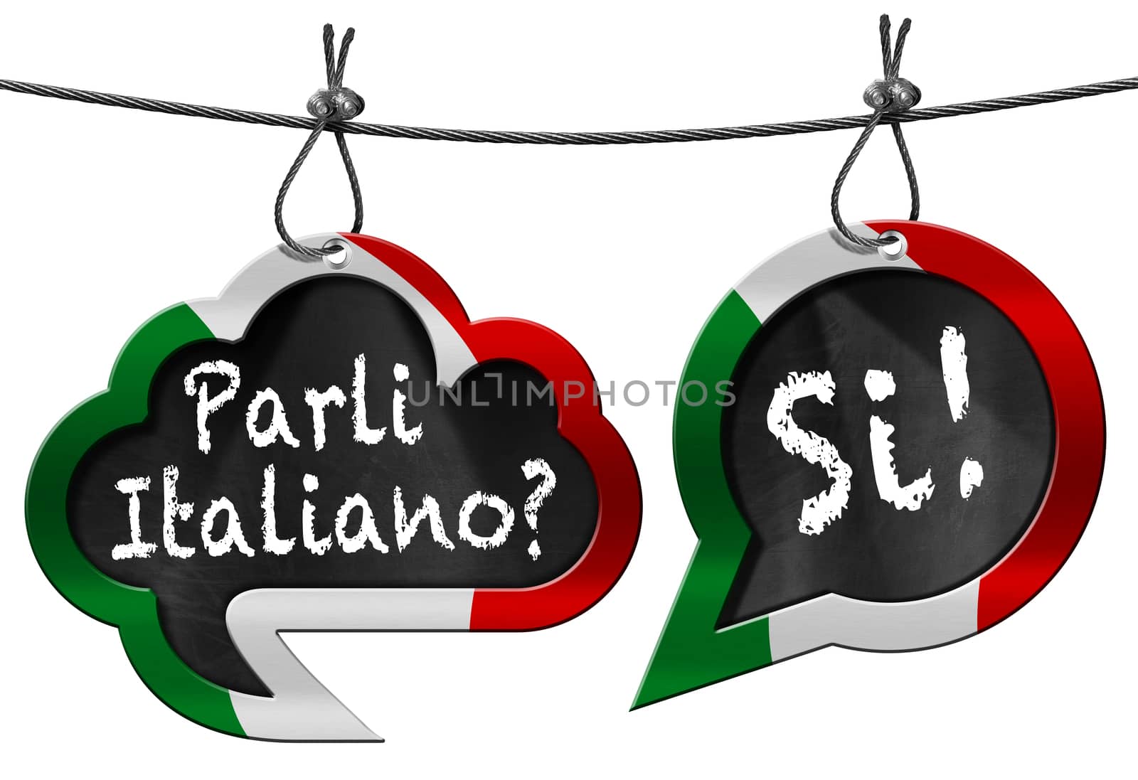 Two speech bubbles with Italian flag and text Parli Italiano? Si! (Do you speak Italian?). Isolated on white