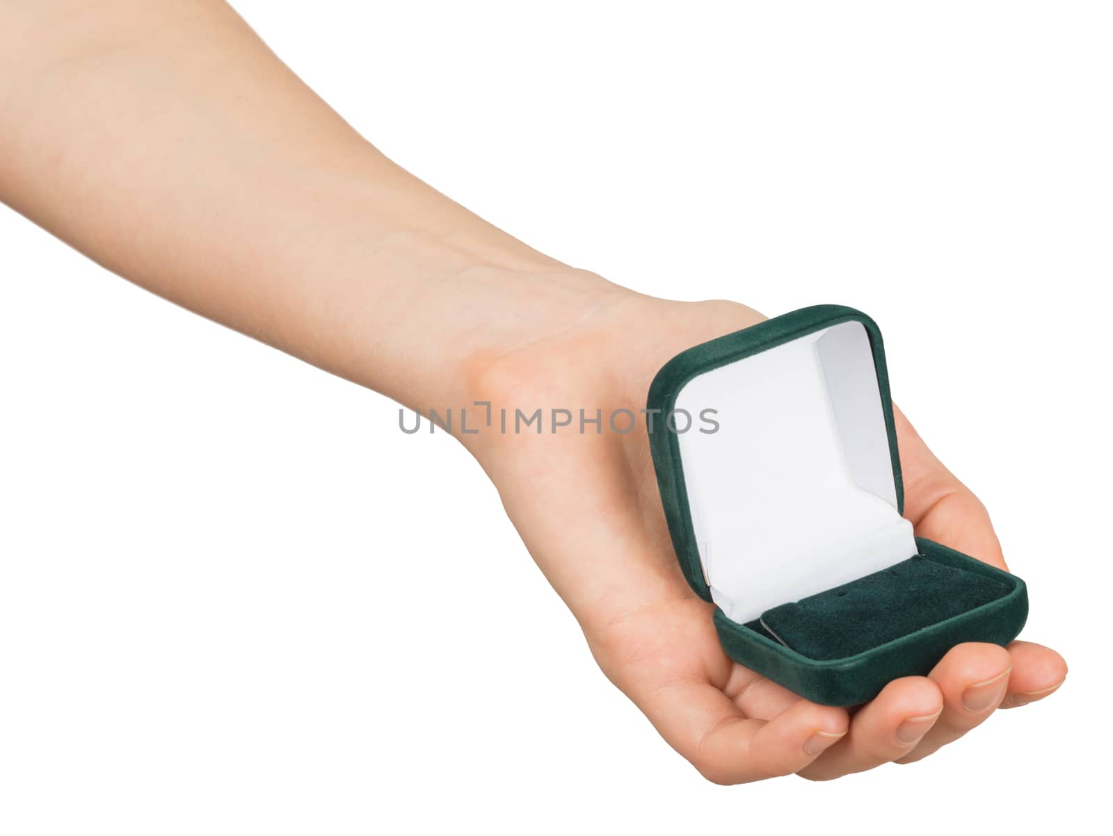 Empty ring box in humans arm on isolated white background