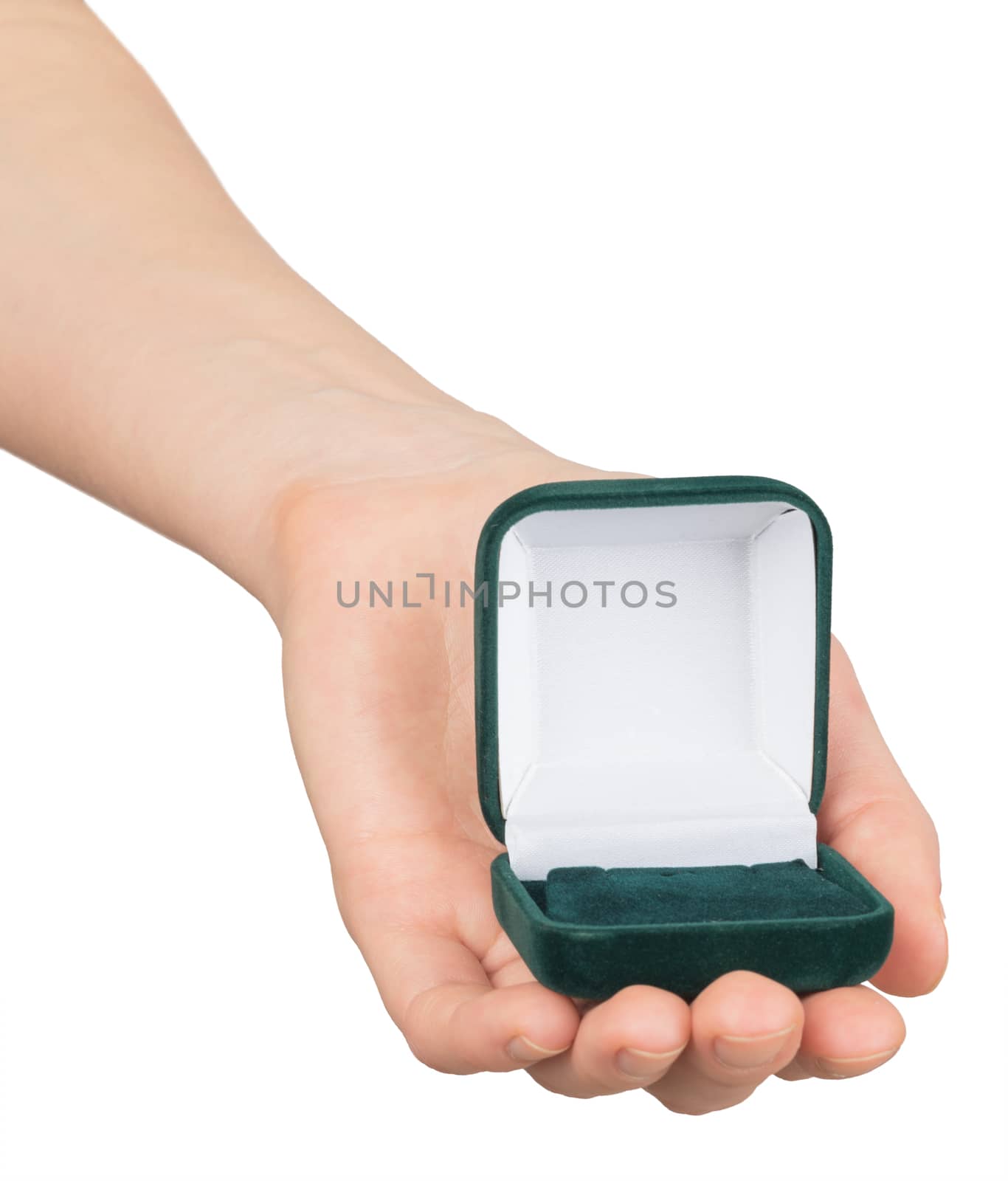Open ring box in humans hand by cherezoff