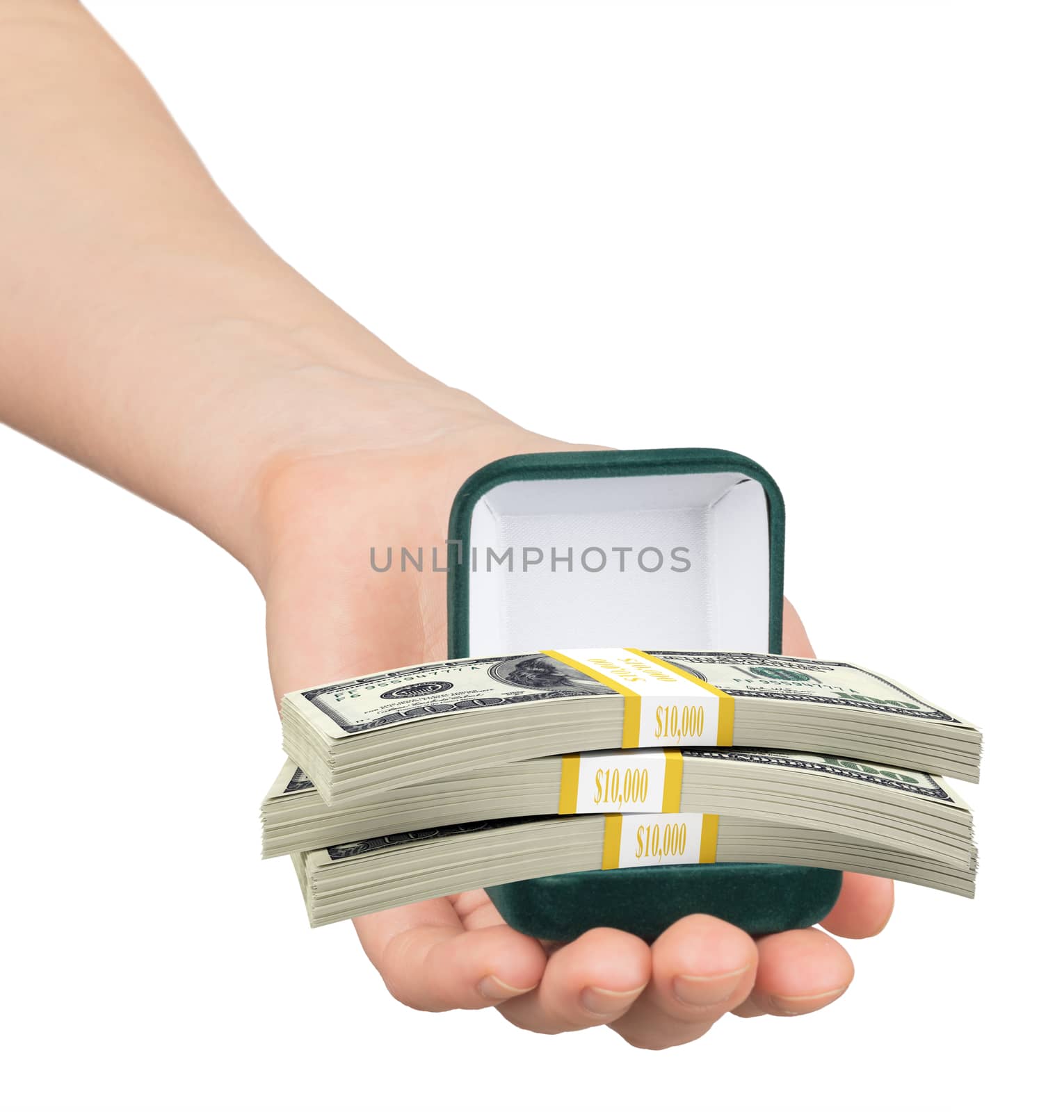 Empty ring box with cash in womans hand by cherezoff