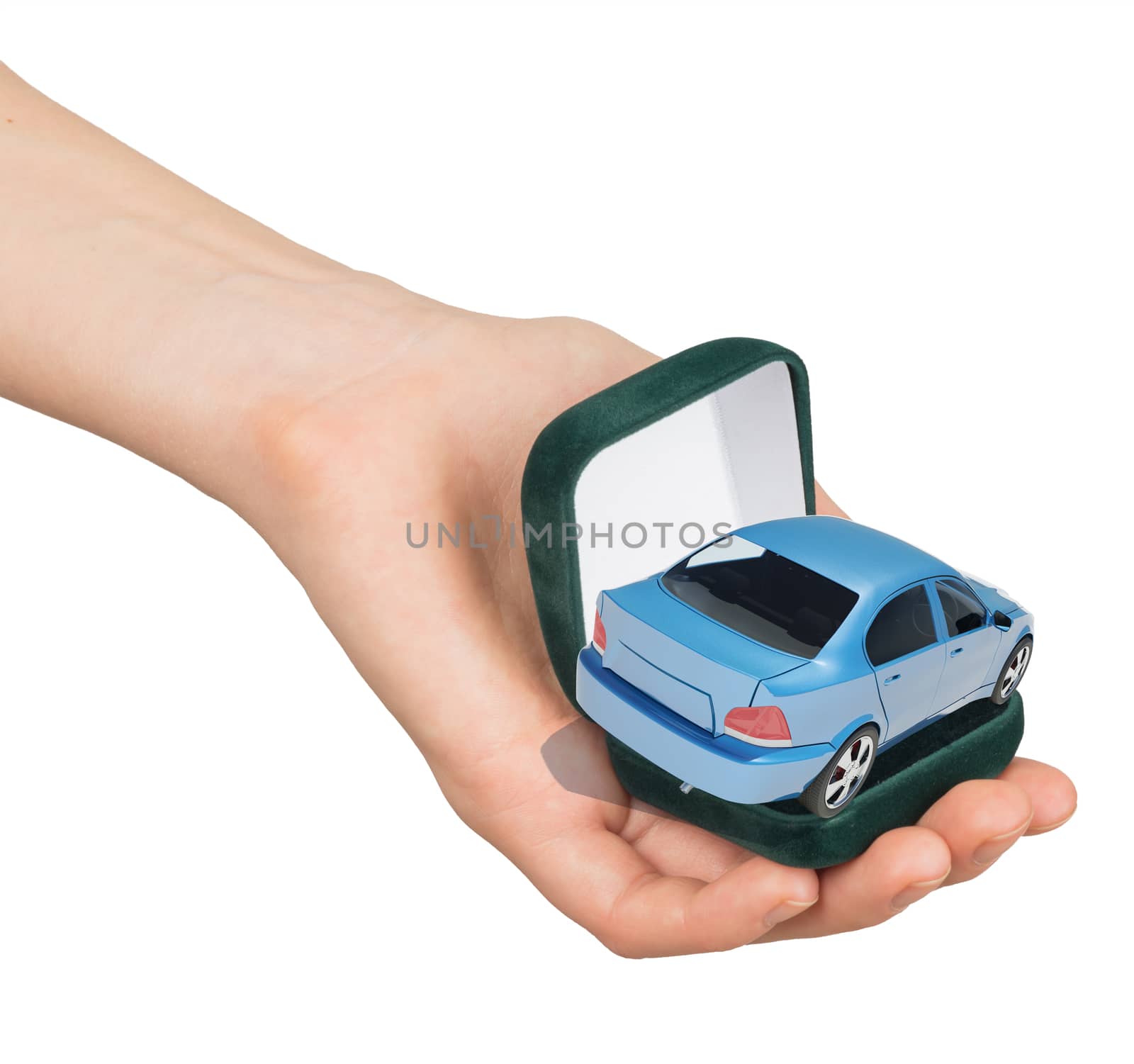 Empty ring box with blue car in humans hand by cherezoff