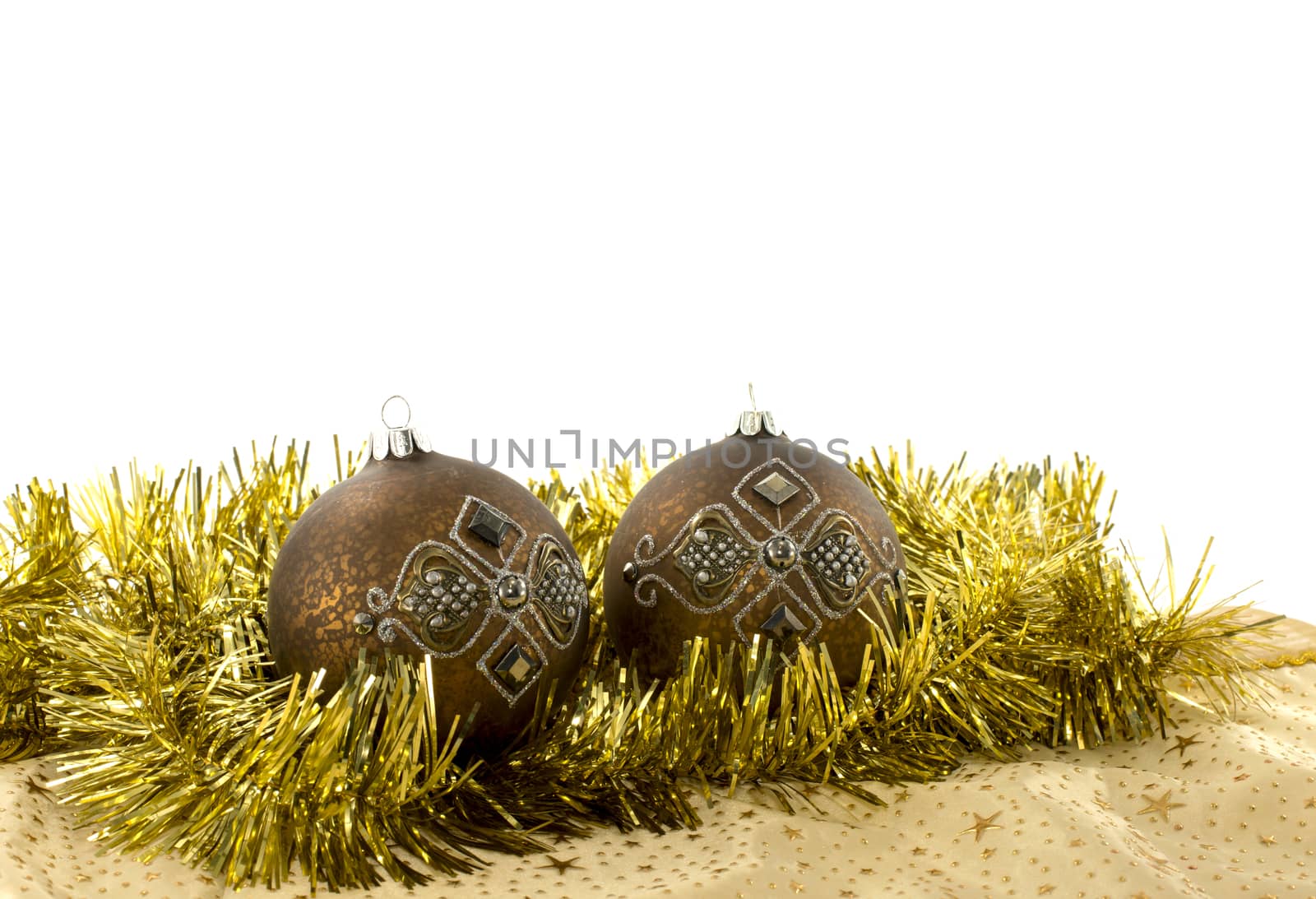 golden brown christmass balls on decoration with white background