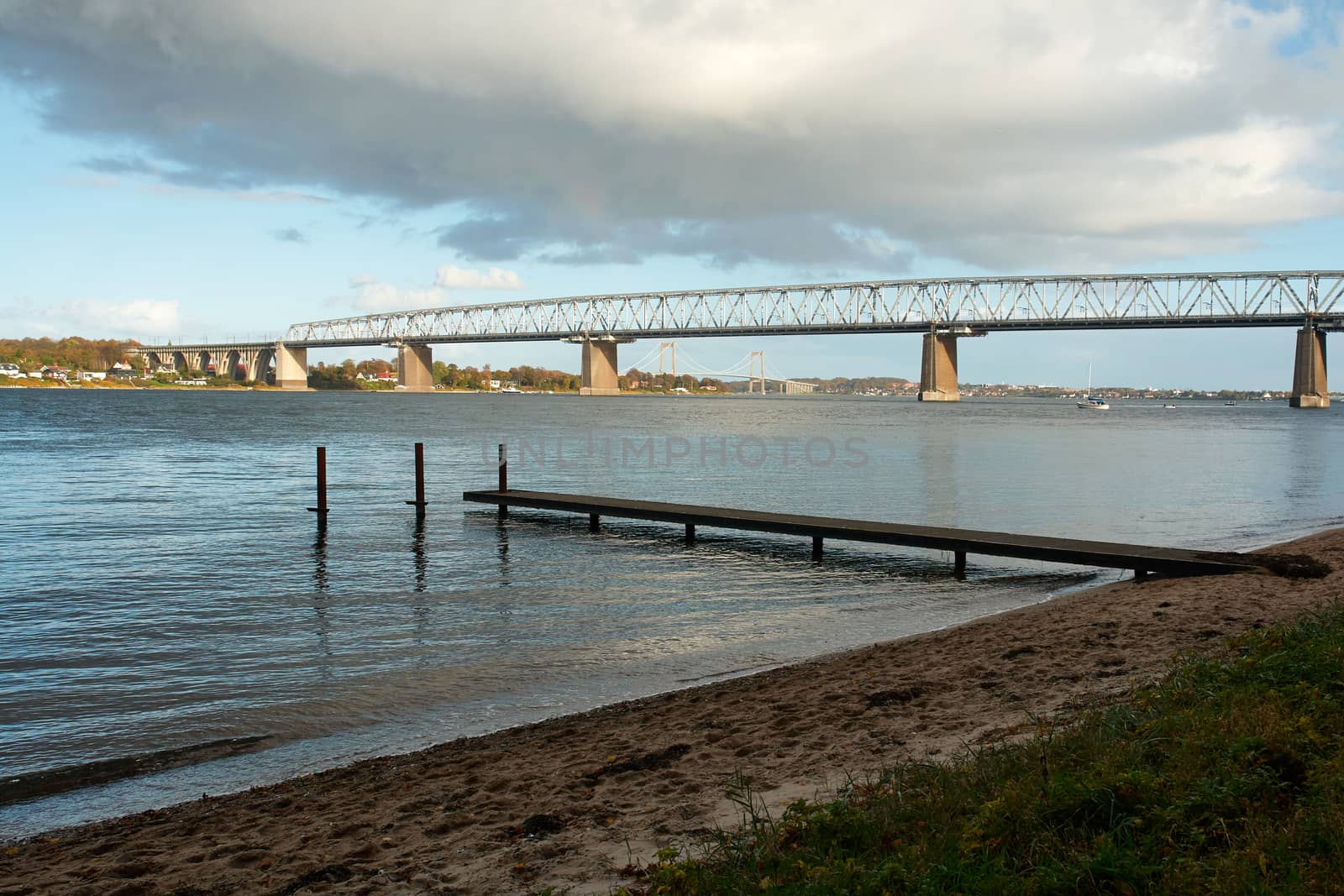 Lillebaelt Little Belt old and new suspended bridge Middelfart Denmark