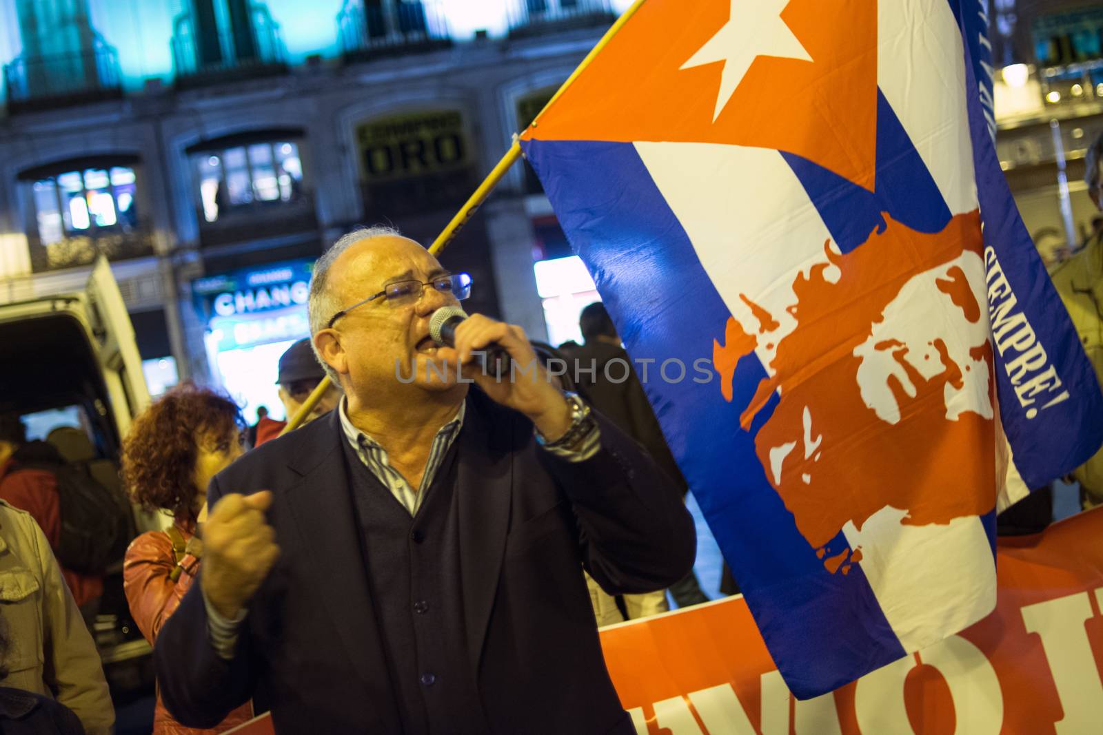 SPAIN, Madrid: People demonstrate in Madrid on October 30, 2015 to protest  against imperialism in Latin America. Ambassador of Venezuela, Mario Ricardo Isea, attended the protest and gave a speech to the crowd.