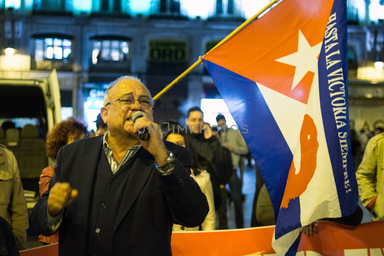 SPAIN, Madrid: People demonstrate in Madrid on October 30, 2015 to protest  against imperialism in Latin America. Ambassador of Venezuela, Mario Ricardo Isea, attended the protest and gave a speech to the crowd.