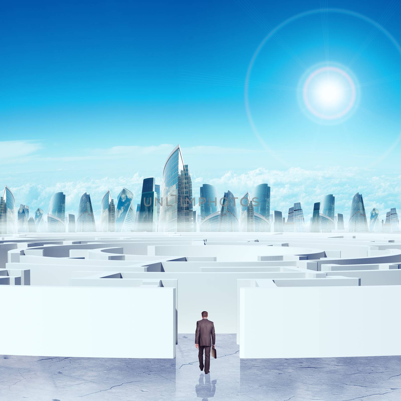 Business cityscape with labyrinth and businessman by cherezoff