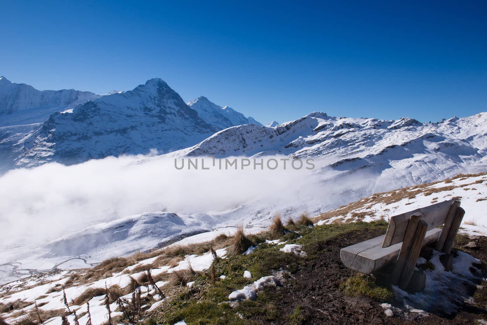 first mountain and the snow peaks of Jungfrau region grindelwald switzerland