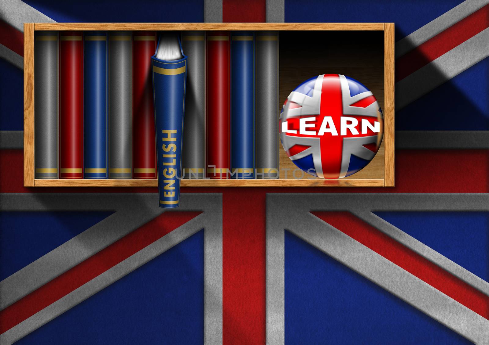 Wall with Uk flag, a bookcase with English books and bookend sphere with uk flag and text Learn. Learn English concept