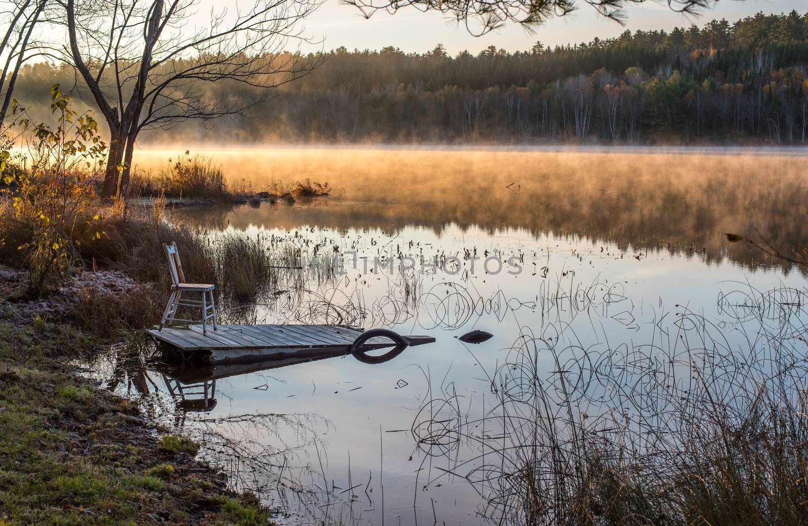 Morning sun reveals fog and a chair sits on a partially submerged dock beside a lake in Ontario, Canada.