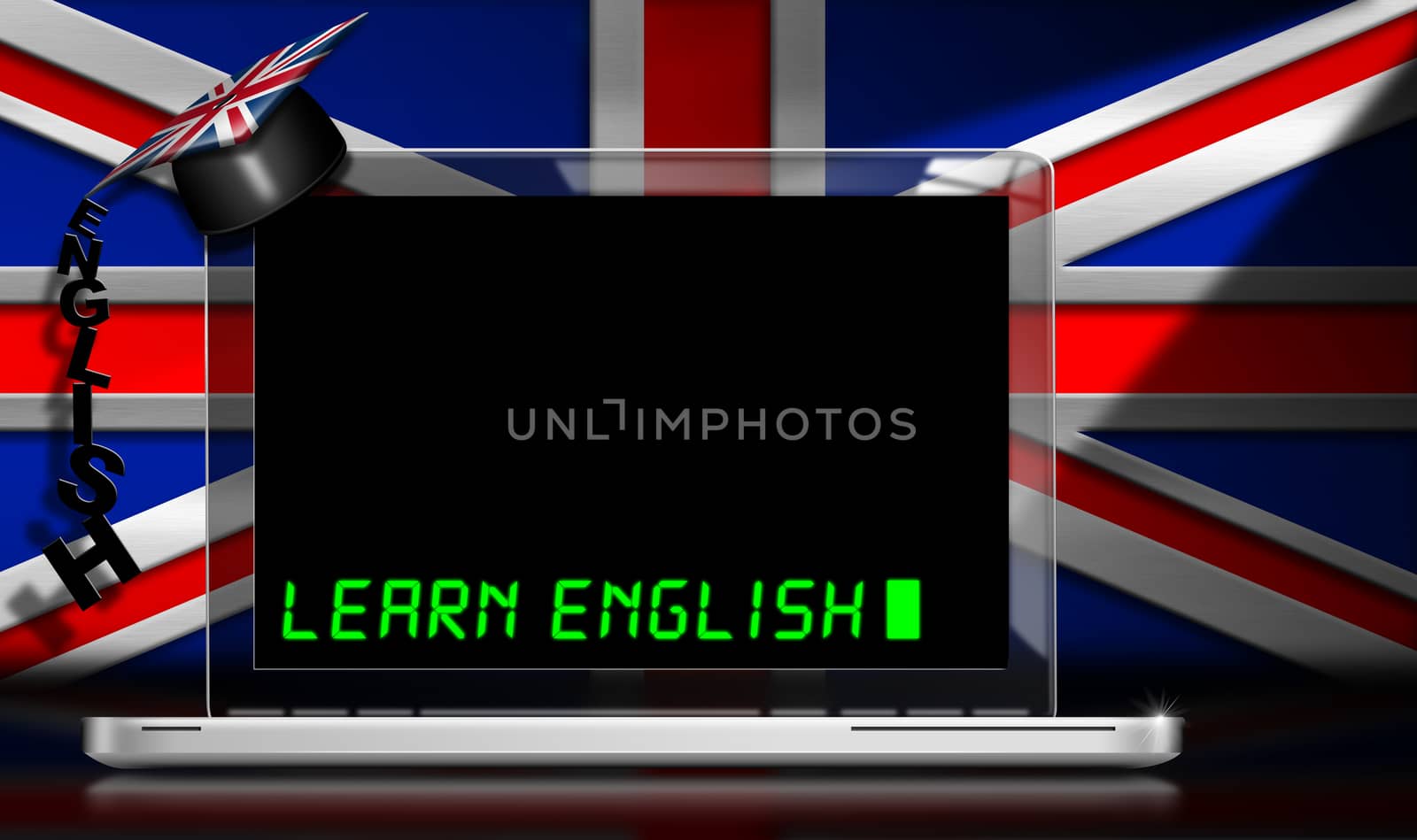 Laptop computer with text Learn English and graduation hat on a desk. Wall with a Uk flag