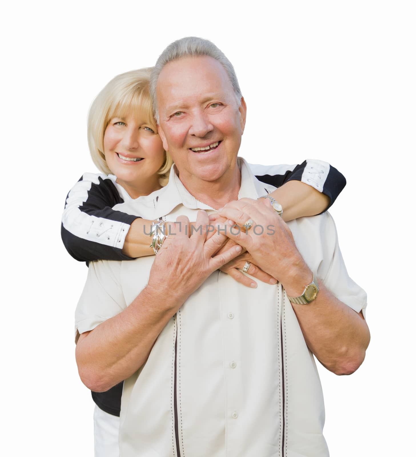 Happy Attractive Senior Couple Hugging on White Background by Feverpitched