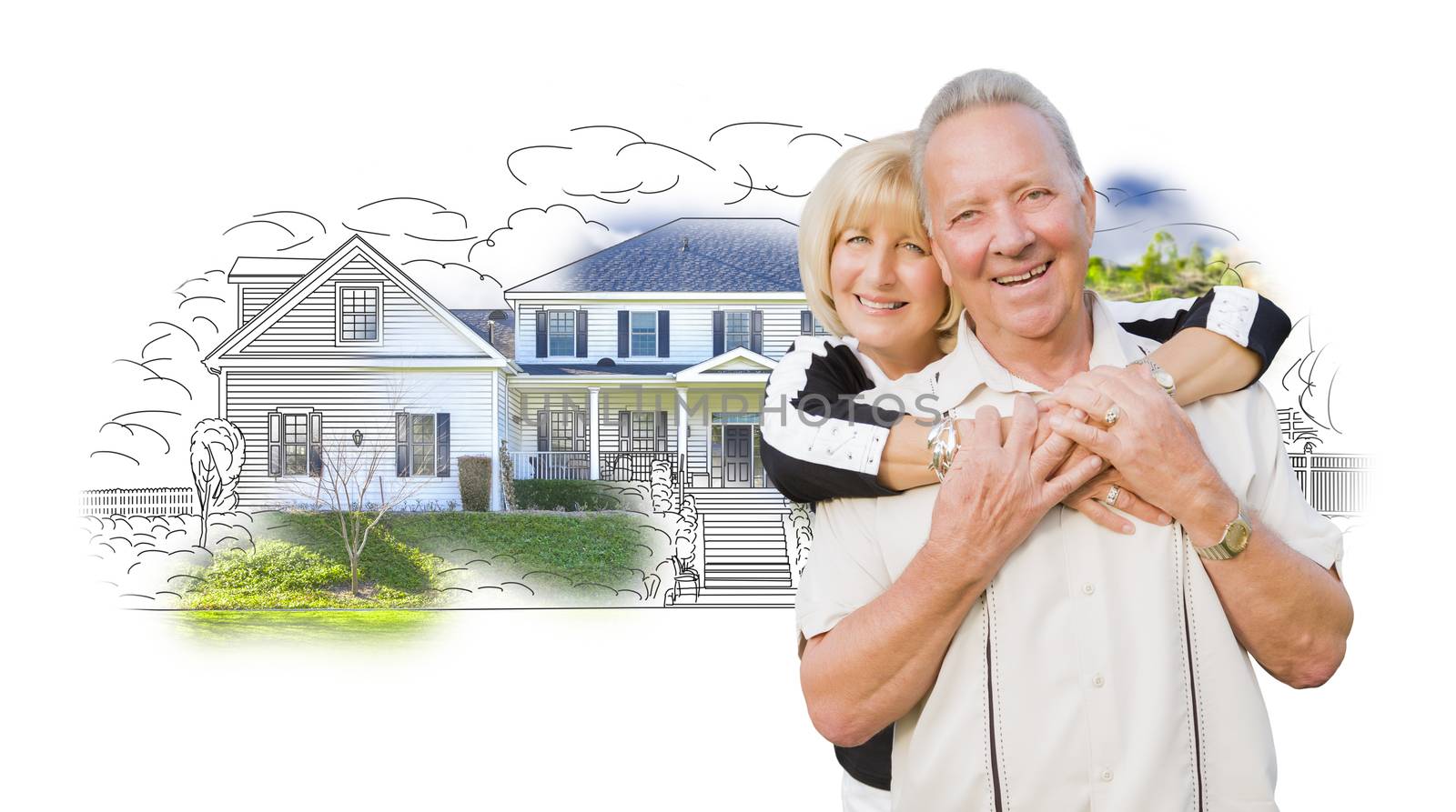 Happy Hugging Senior Couple Over House Drawing and Photo Combination on White.