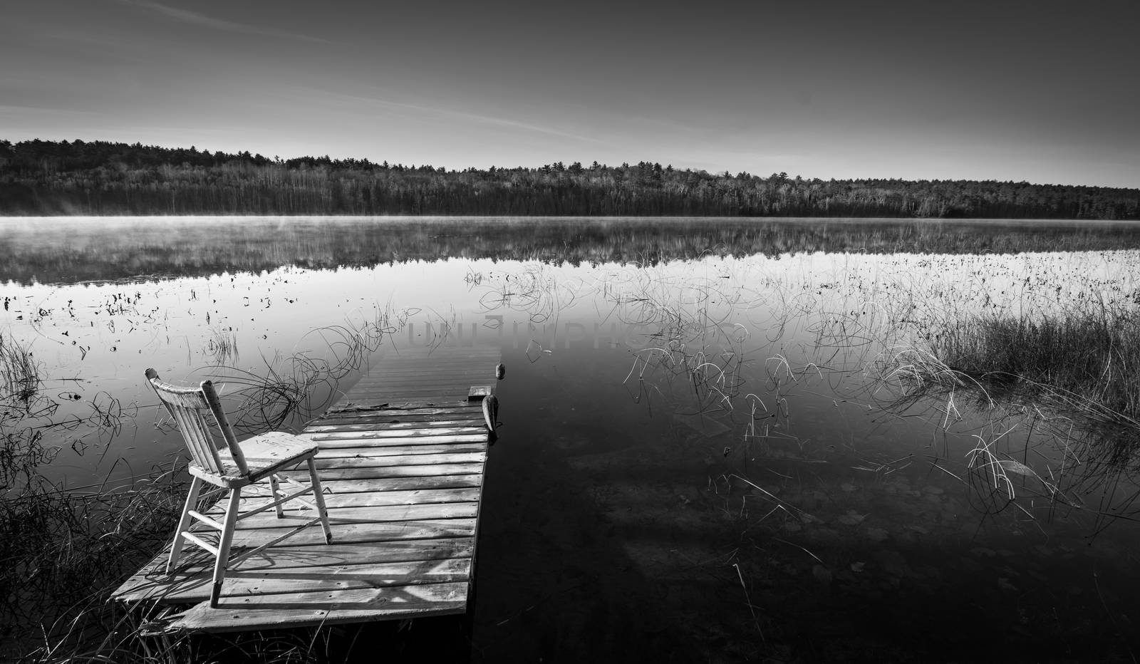 Morning sun rises from behind.  mild fog on the water, chair sits on a partially submerged dock at the edge of a lake in Ontario, Canada.