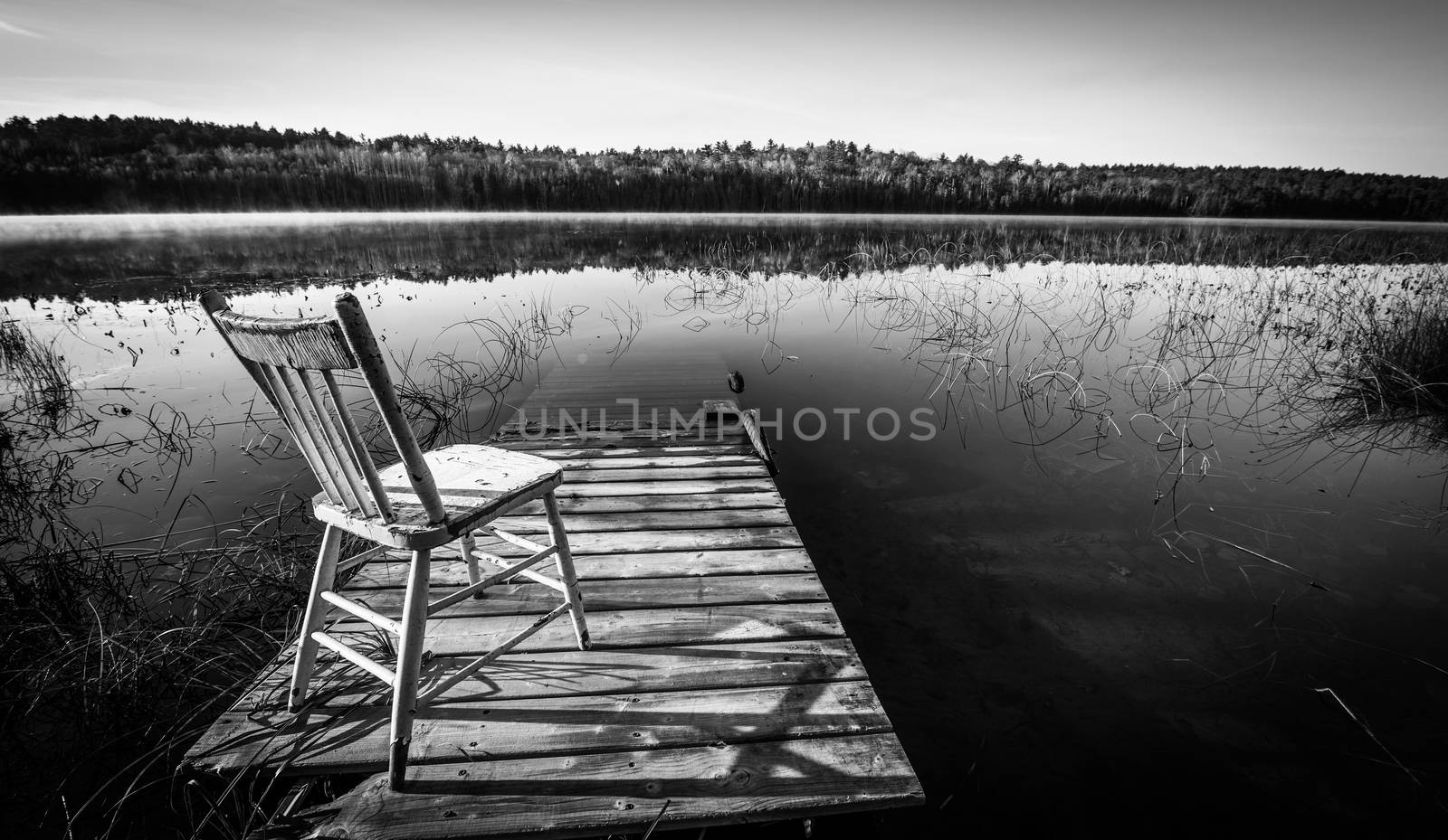 Morning sun rises from behind.  mild fog on the water, chair sits on a partially submerged dock at the edge of a lake in Ontario, Canada.