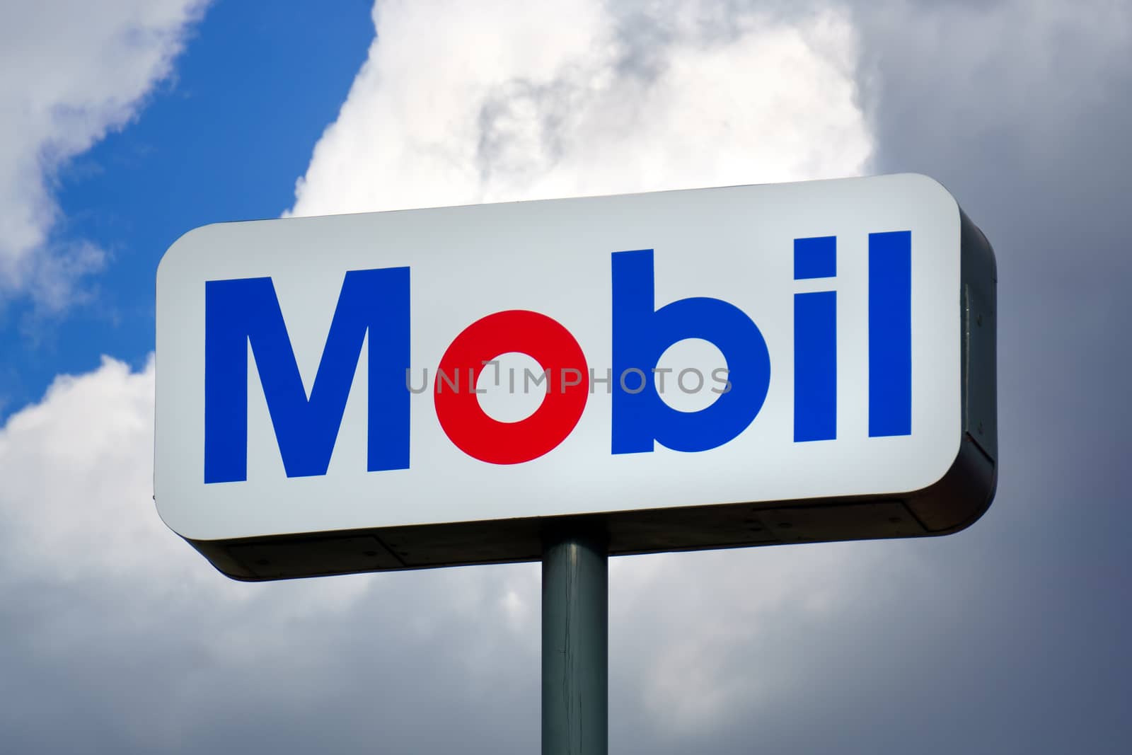 CANYON COUNTRY,CA/USA - OCTOBER 28, 2015:  Mobil gas station sign and logo. Mobil is a major American oil company.